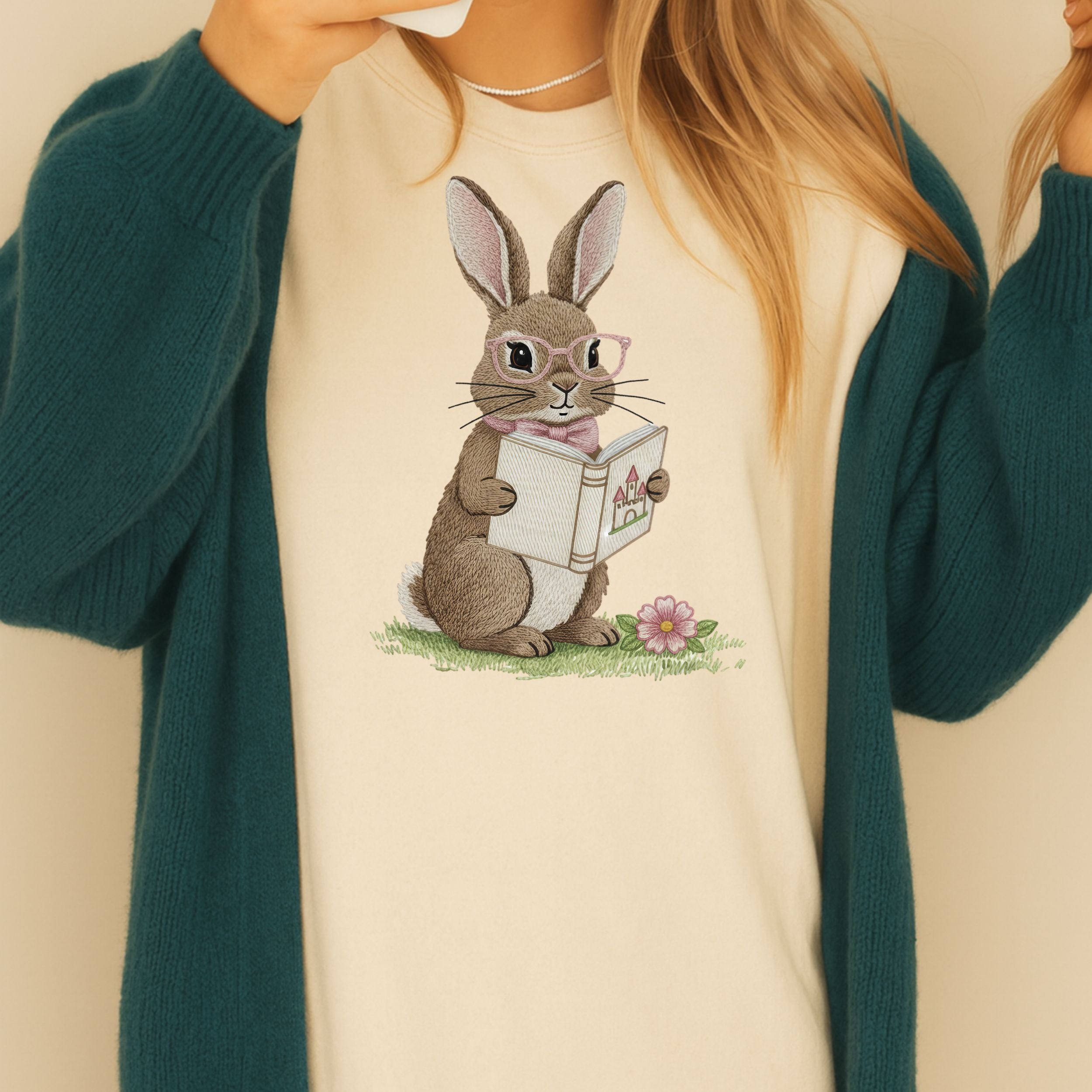 Cute Bunny Reading Book Graphic on Cozy Sweatshirt