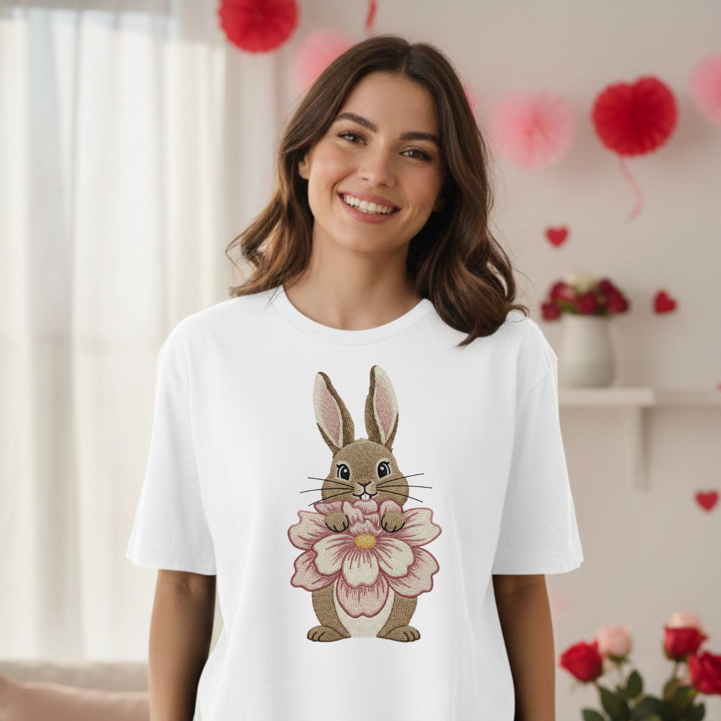 Cute Bunny with Flower Graphic T-Shirt for Women