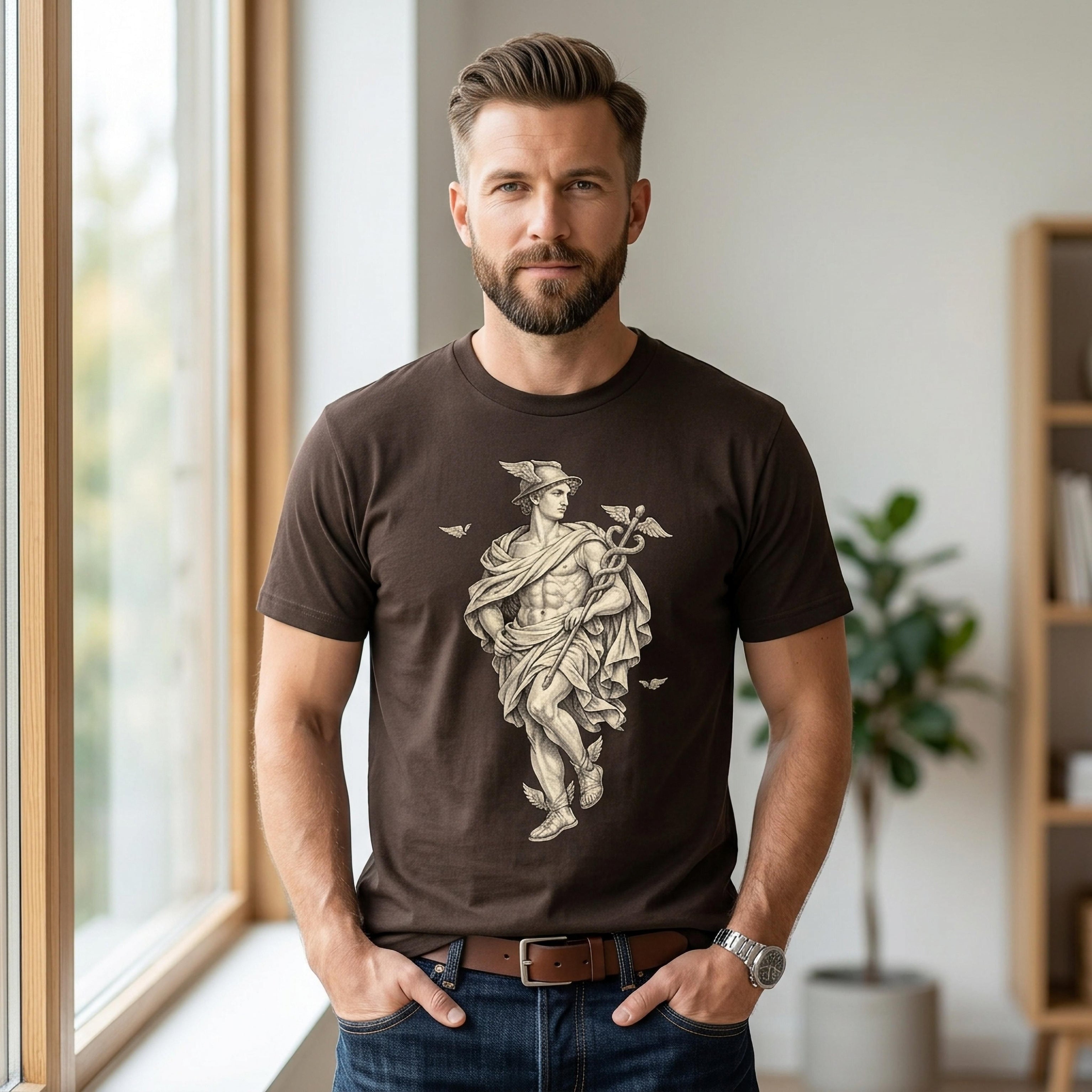 Brown t-shirt with a distressed print of the Greek god Mercury.