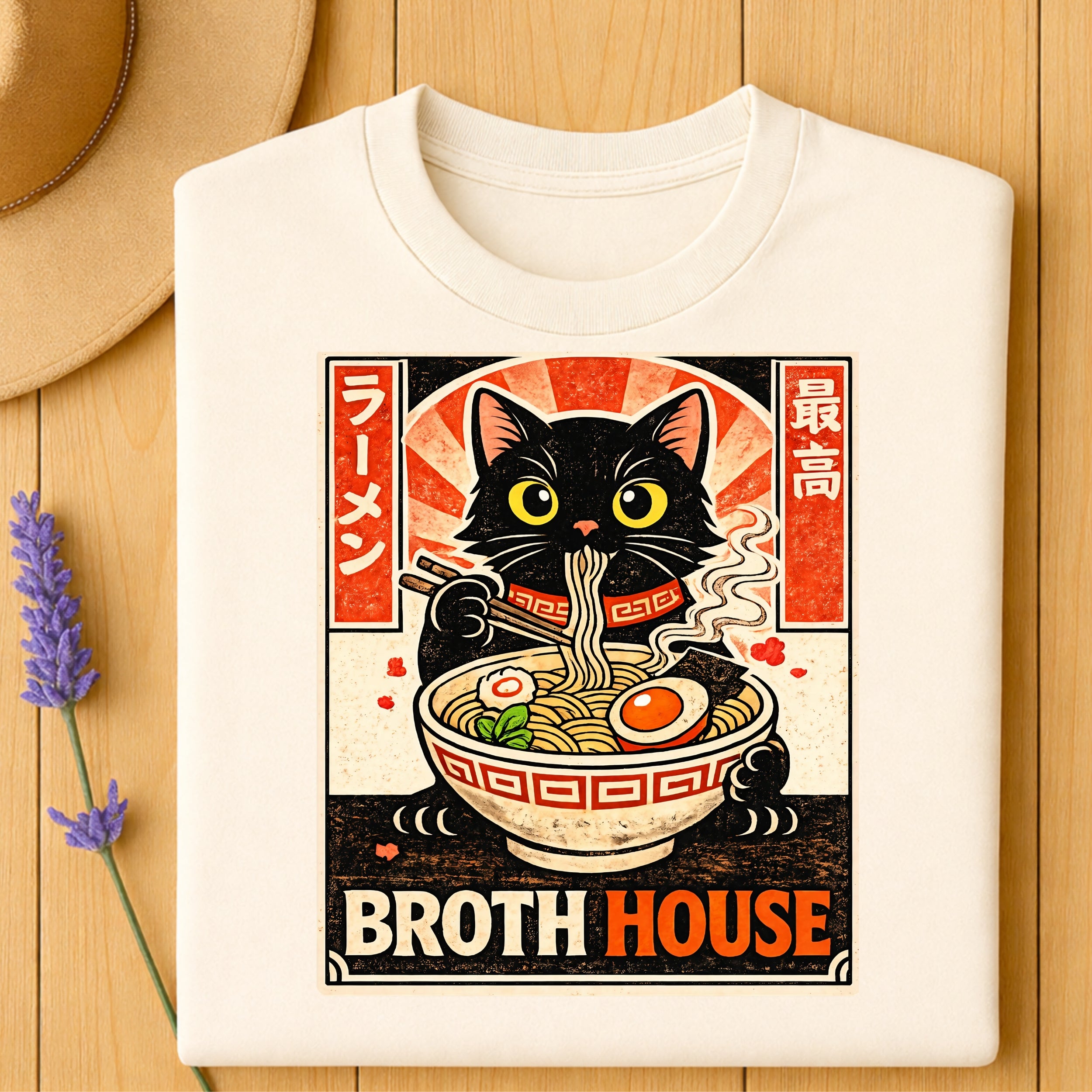 Broth House Black Cat Enjoying Ramen T-Shirt