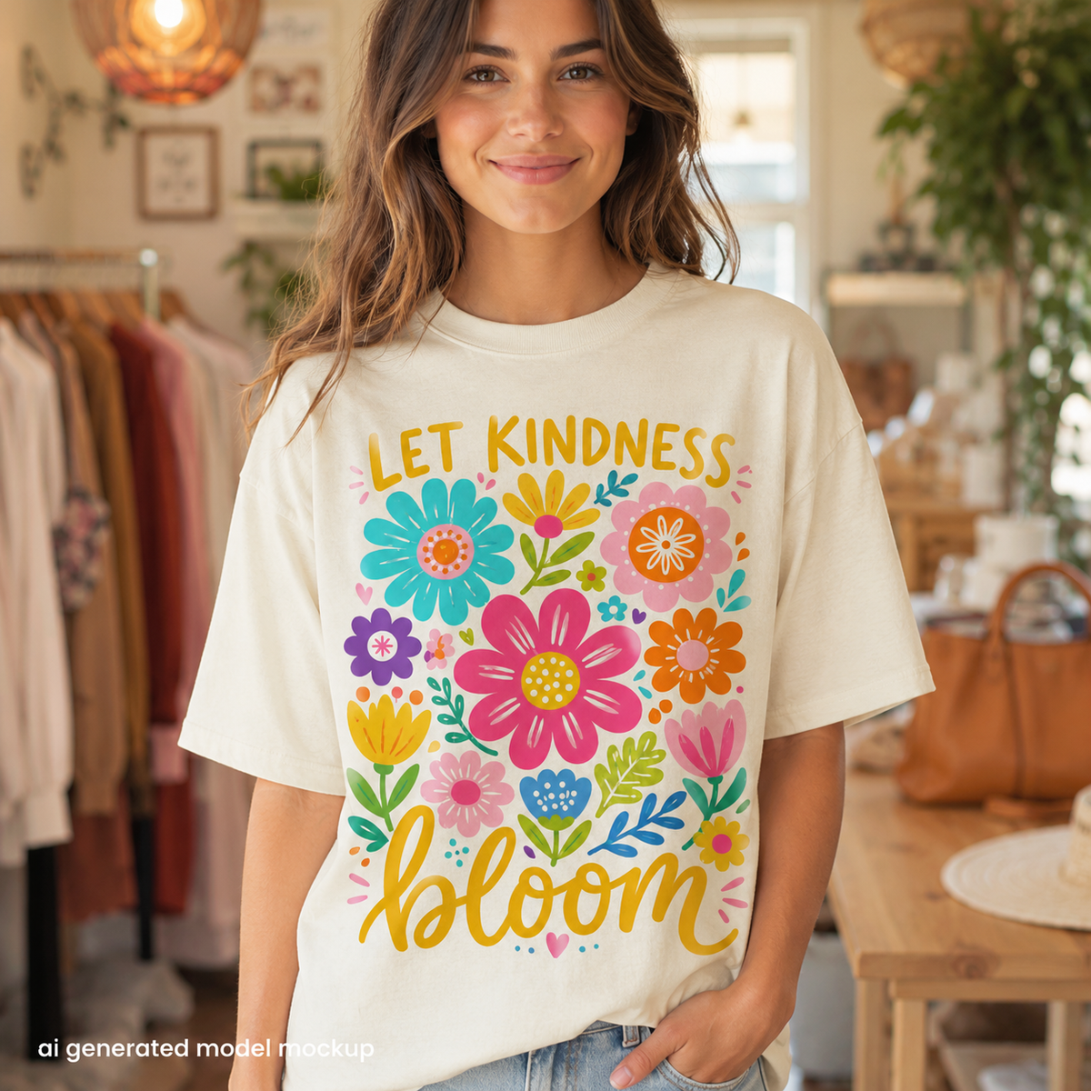 Cream t-shirt with "Let Kindness Bloom" text and colorful floral graphic.
