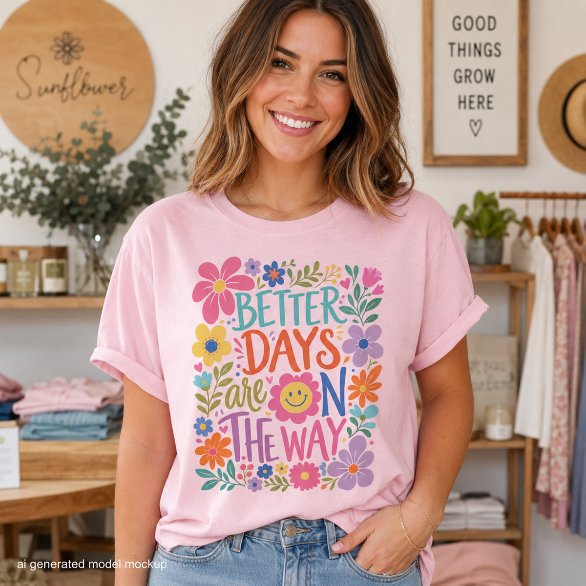 Pink t-shirt with colorful "BETTER DAYS are ON THE WAY" floral graphic.