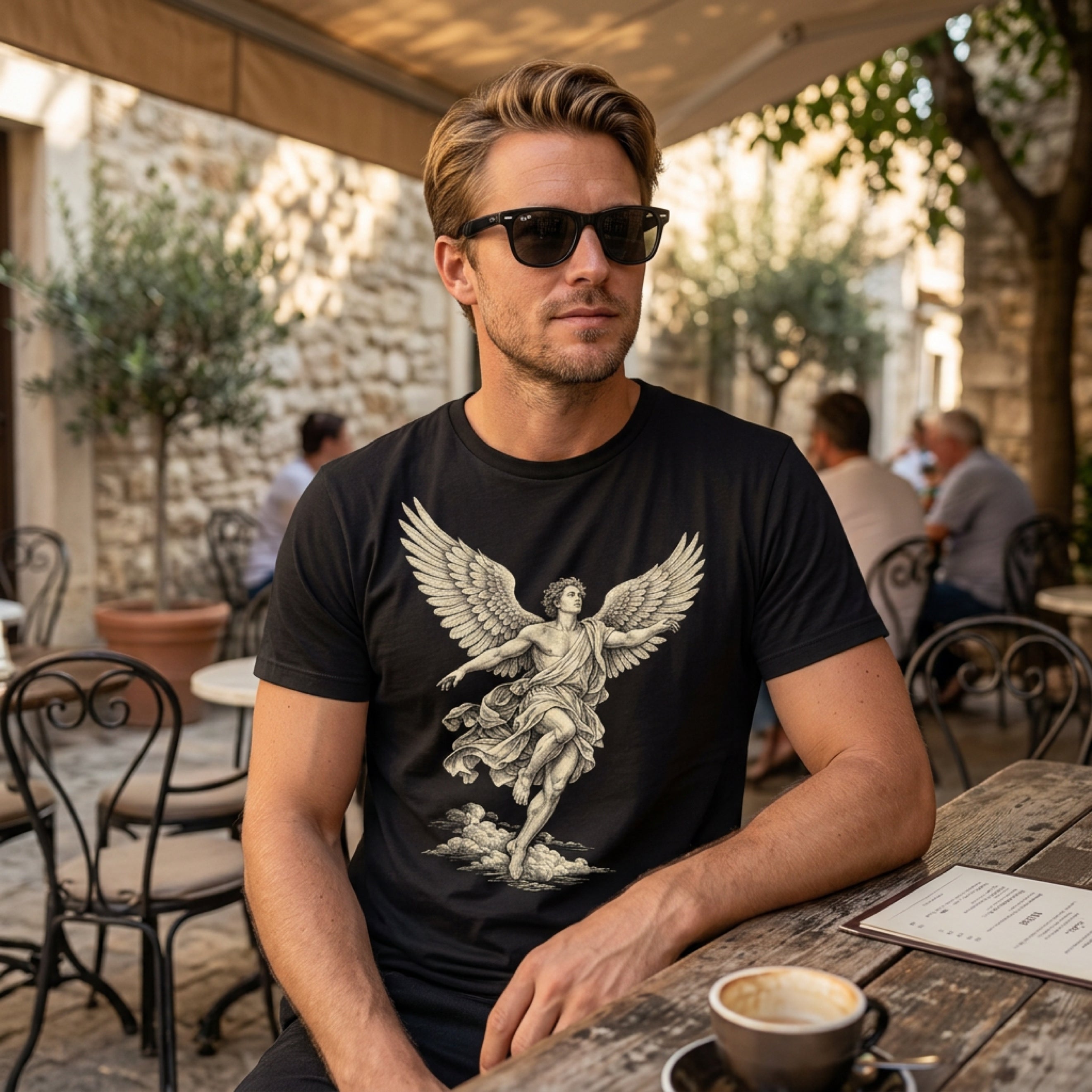 Man wearing black t-shirt with an angel graphic, sitting at an outdoor cafe table.