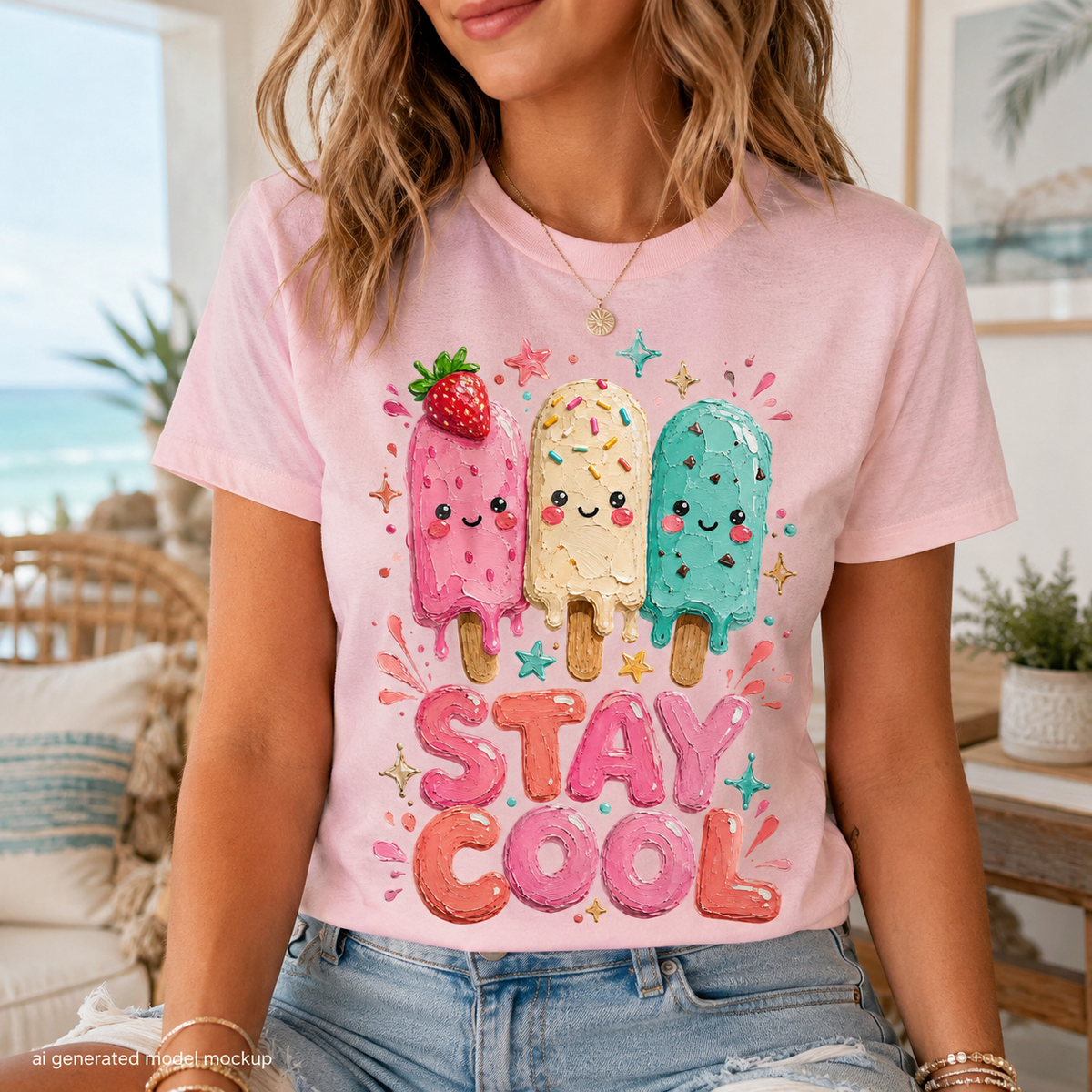 Pink t-shirt with three kawaii popsicles and the text "STAY COOL".