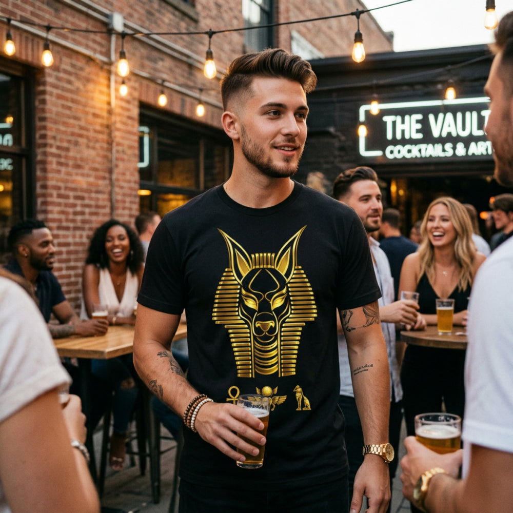 Man in black t-shirt with gold Anubis graphic holding drink at outdoor bar.