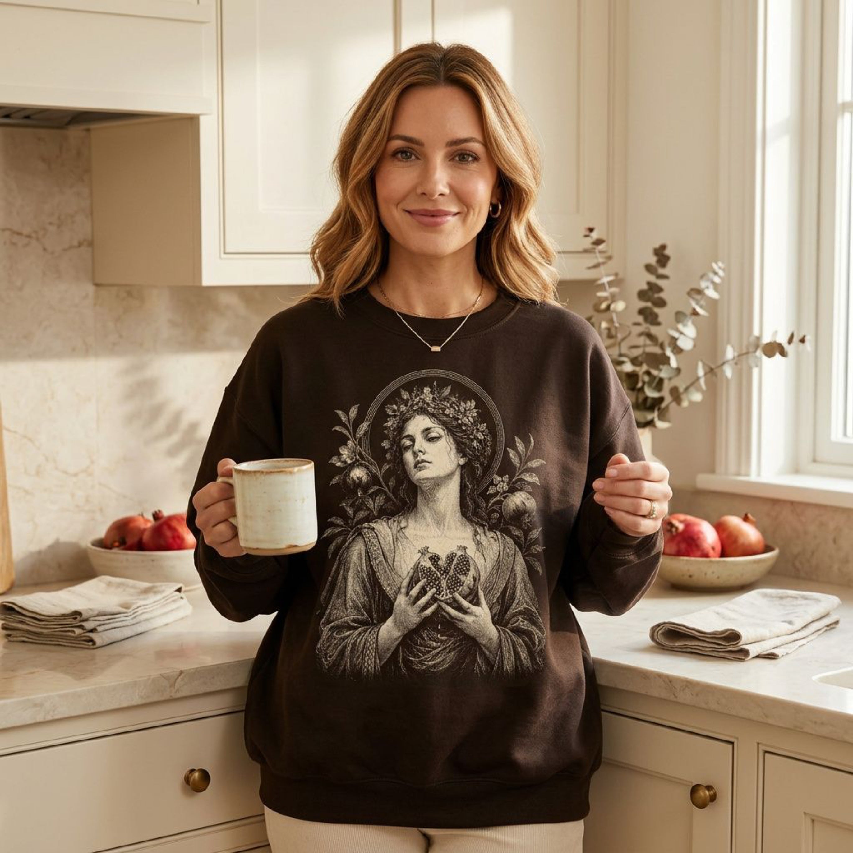 Woman wearing brown sweatshirt with Renaissance-style artwork of a woman holding a heart.