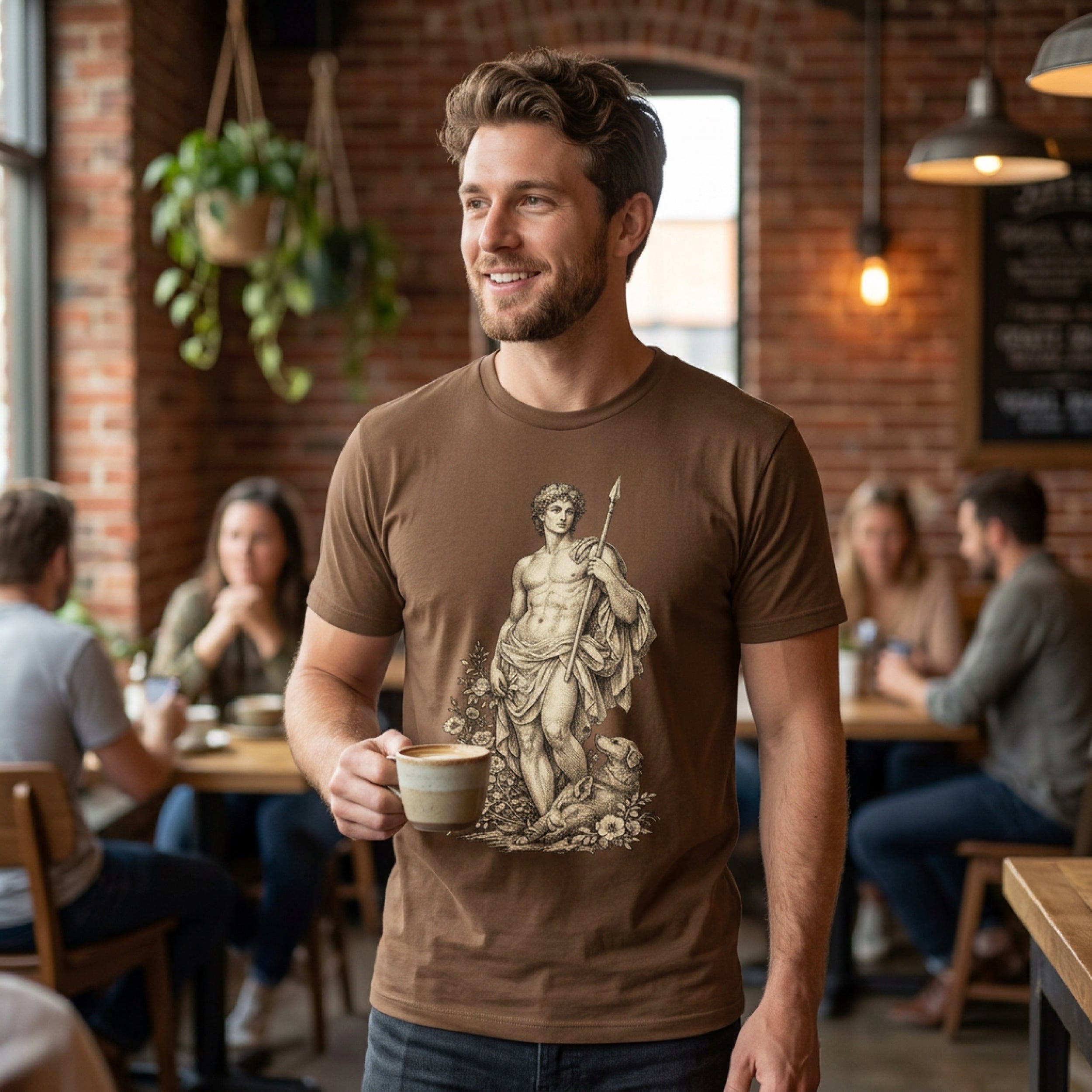 Man in brown t-shirt holding coffee cup with mythological graphic design.