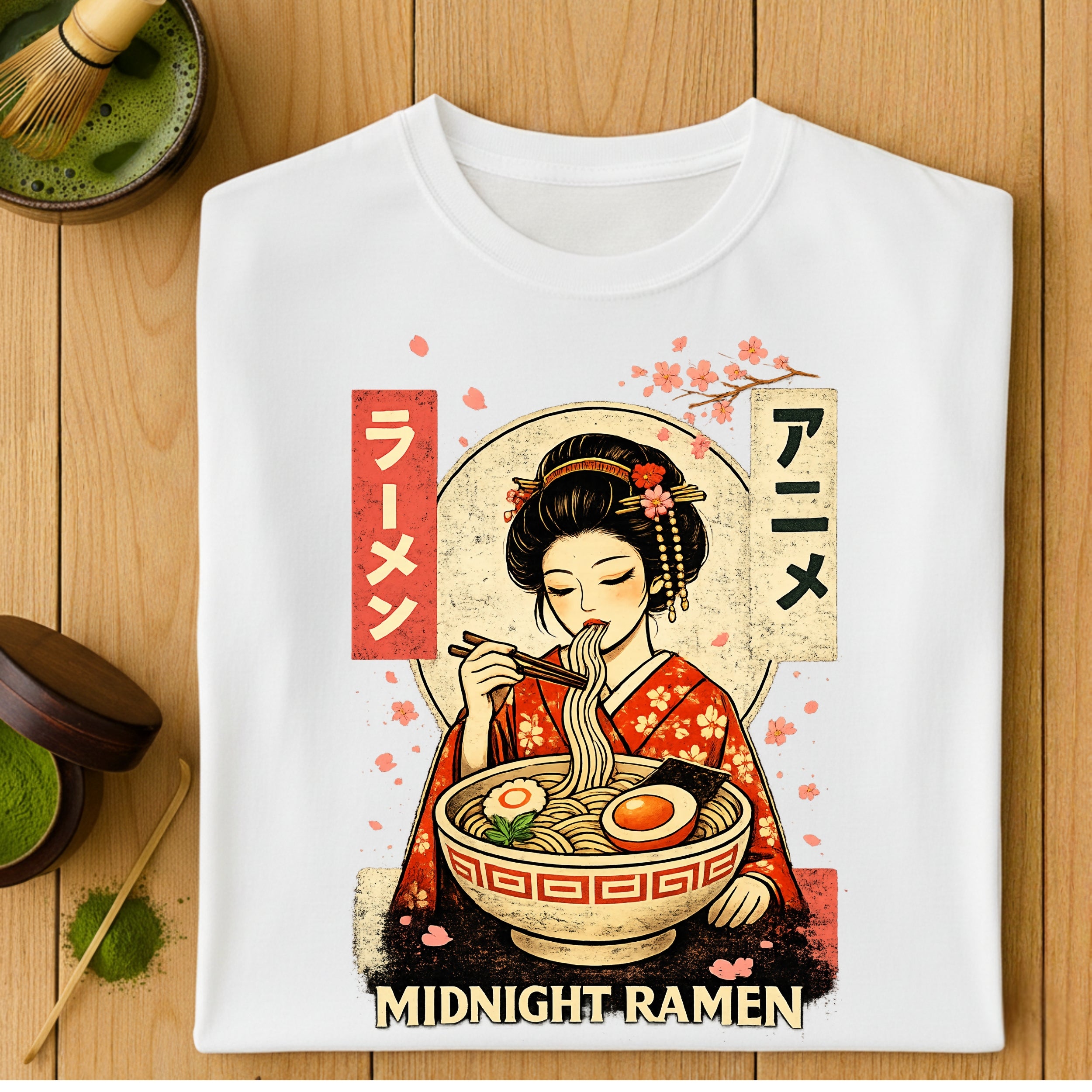 Midnight Ramen Geisha Eating Noodles Graphic T-shirt