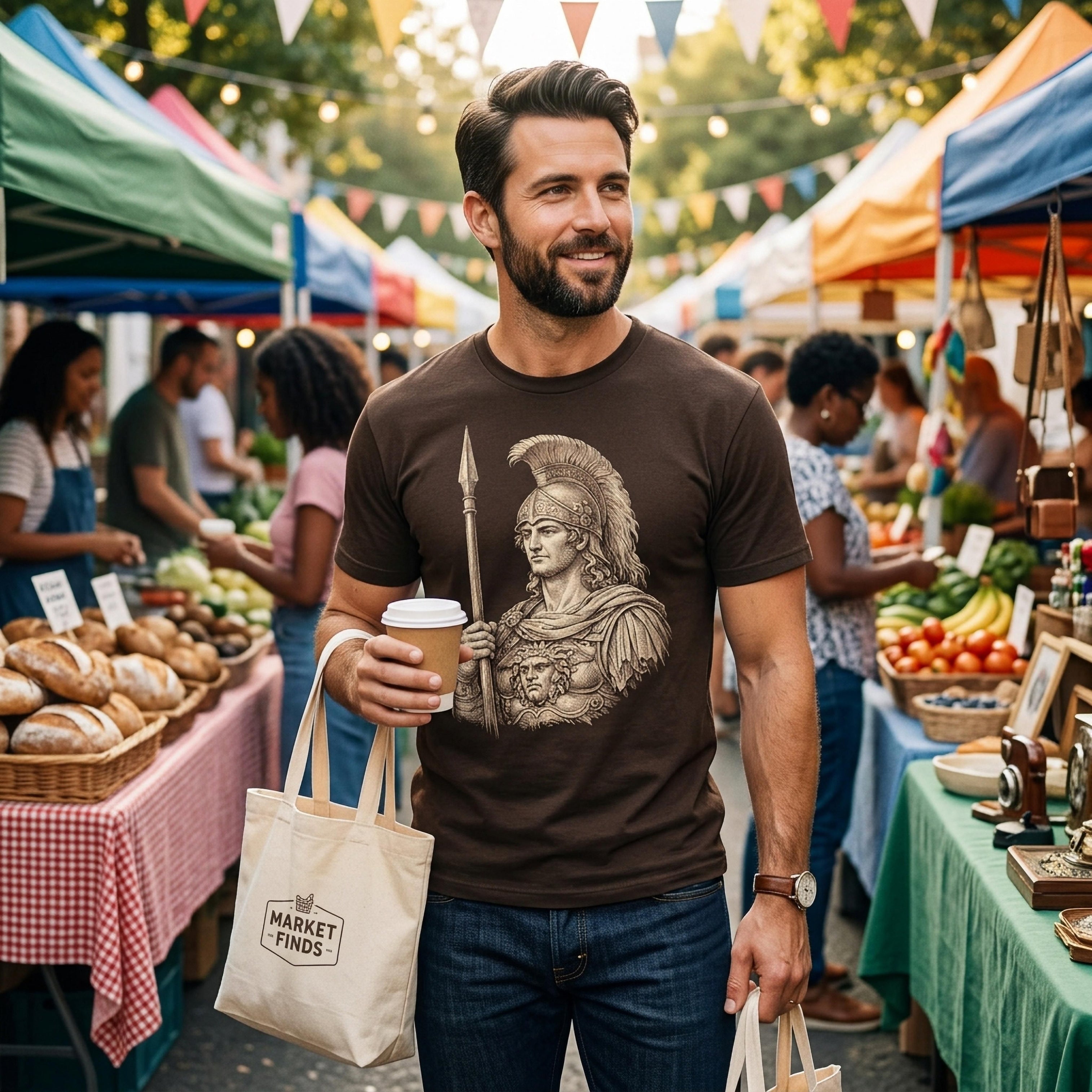 Man in market holding coffee and bags, wearing a t-shirt with ancient Greek warrior graphic.