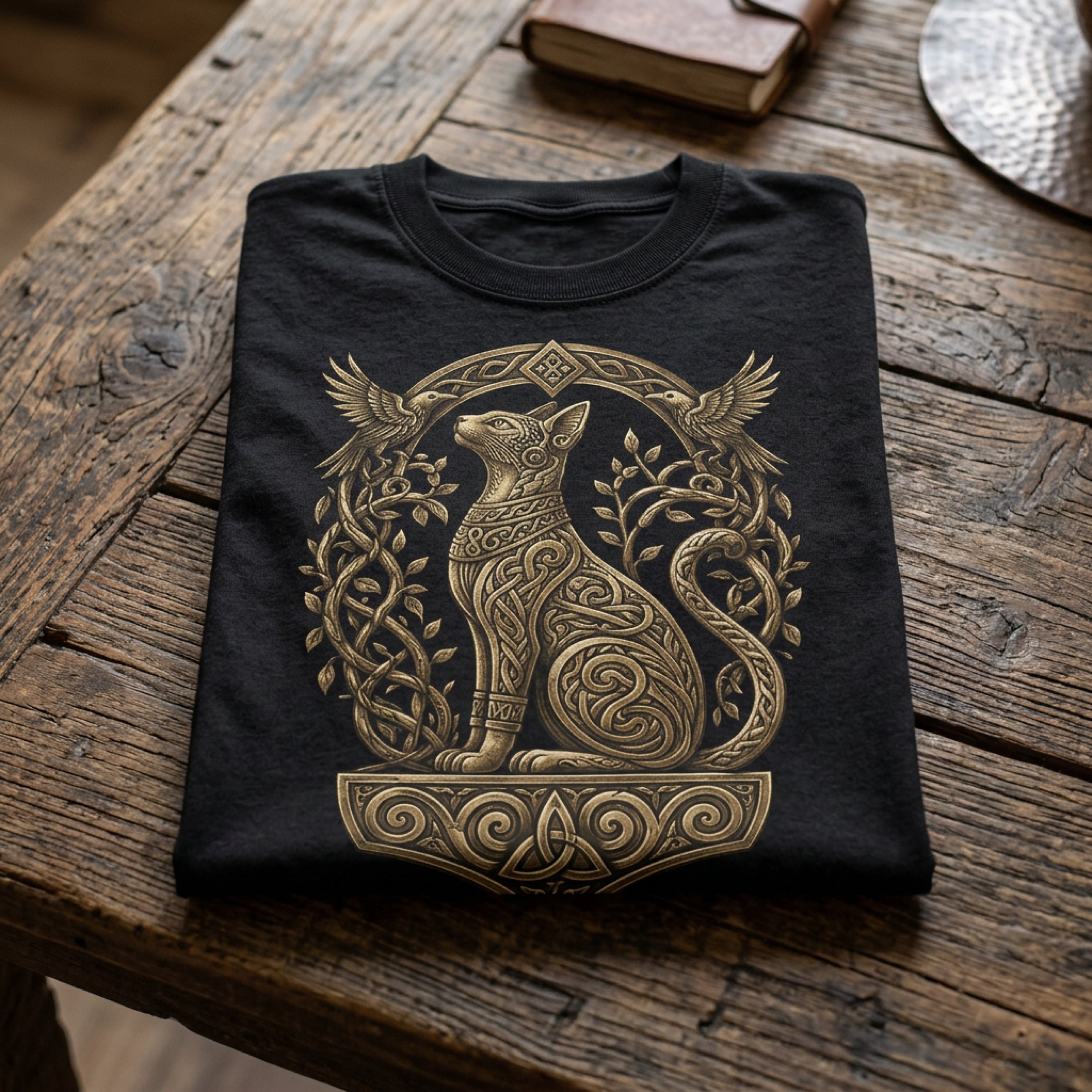 Black t-shirt featuring a golden intricate cat design with birds and Celtic knotwork.