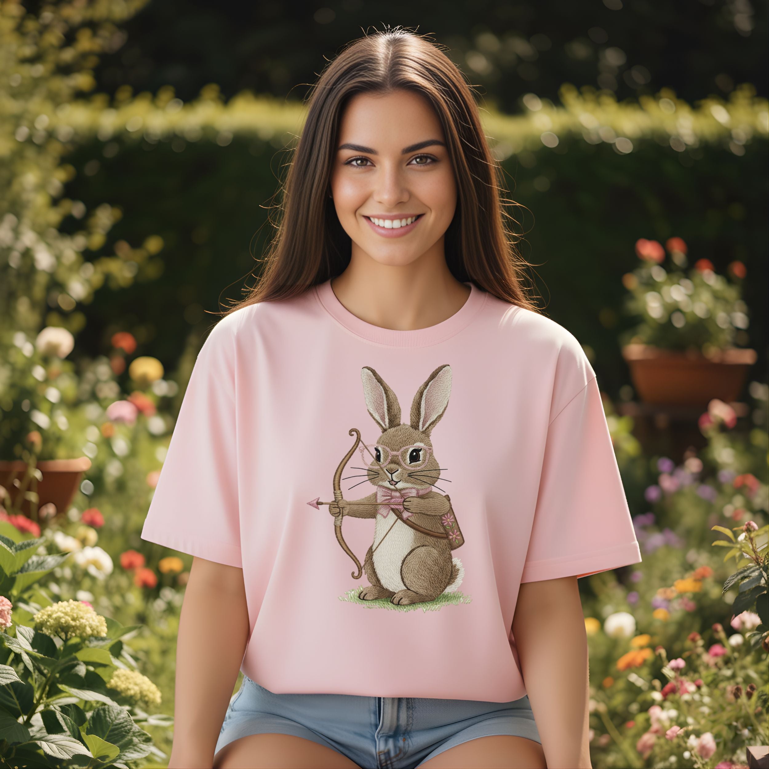 Cute Archery Rabbit Print Pink Tee Shirt for Women
