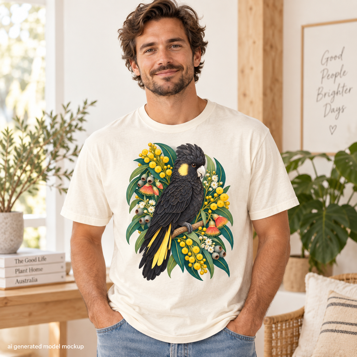 Cream t-shirt featuring a black cockatoo with yellow accents surrounded by Australian native flora.