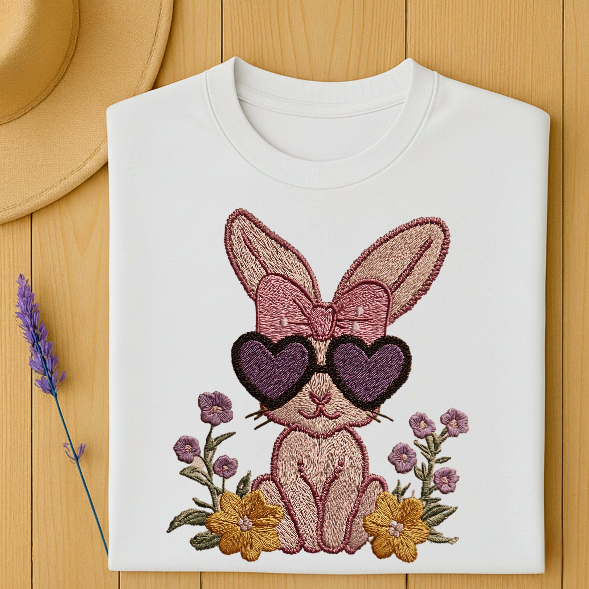 Adorable Bunny in Heart Glasses Embroidered Shirt