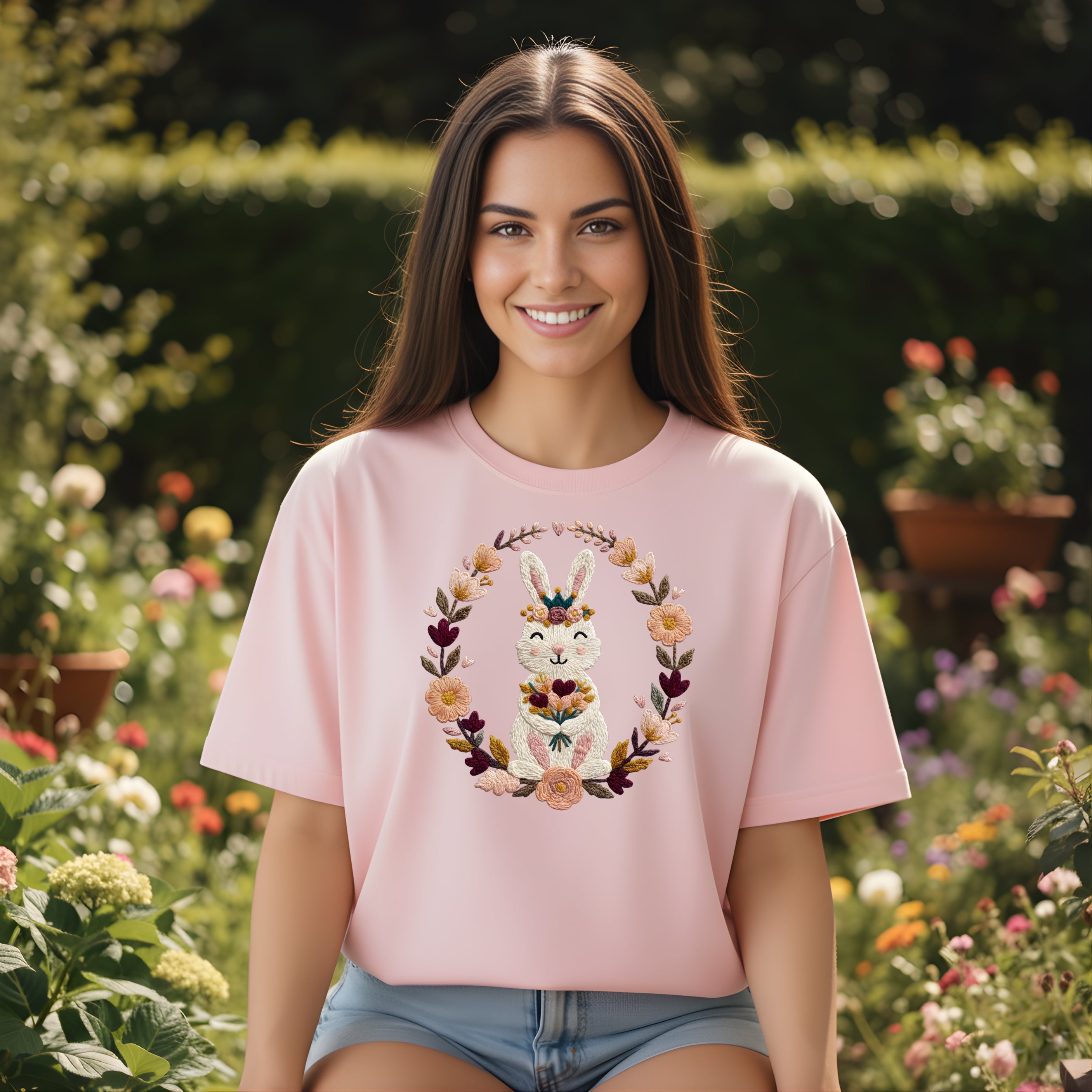 Cute Bunny with Floral Wreath Graphic T-Shirt