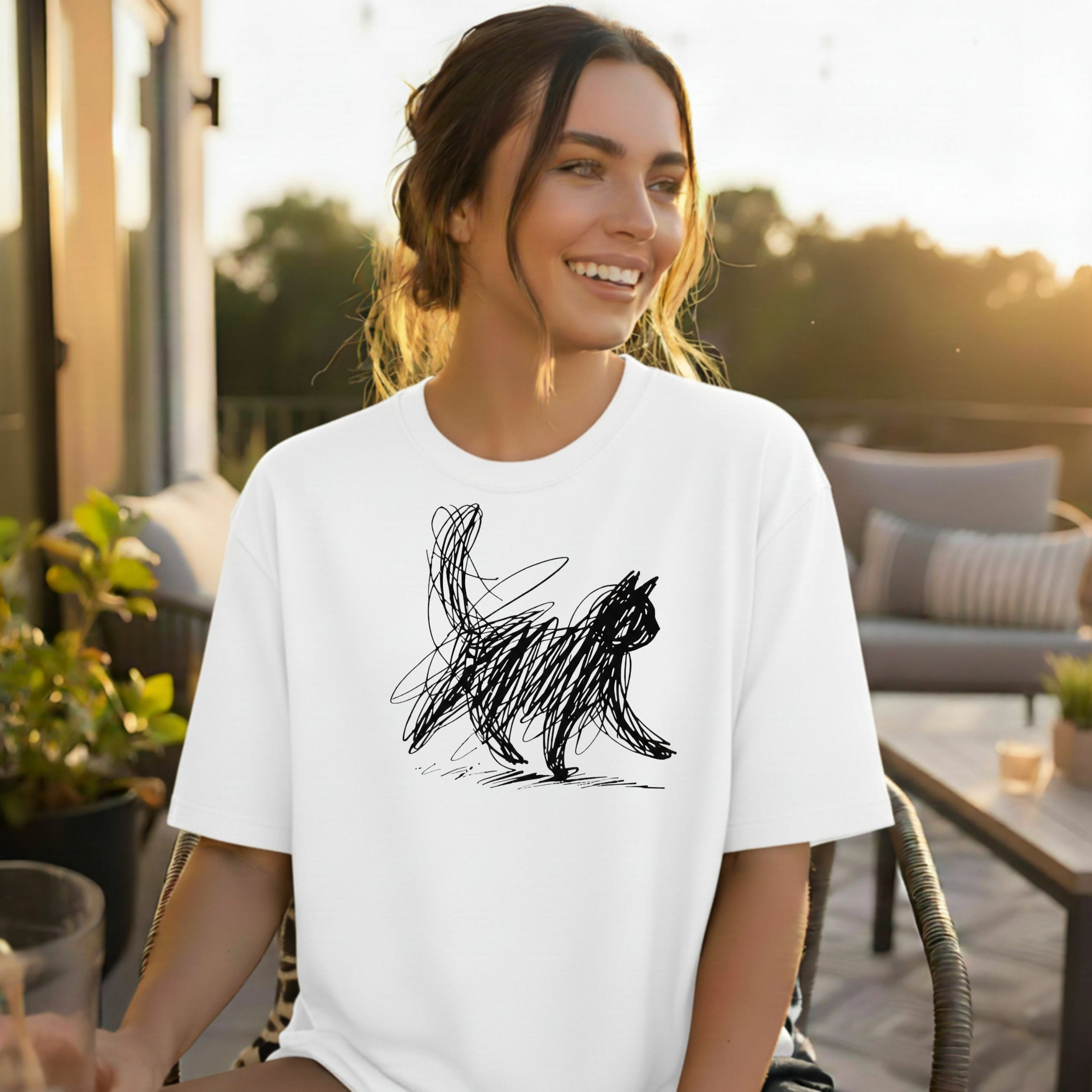 Artistic Scribble Cat Design Casual T-Shirt Collection