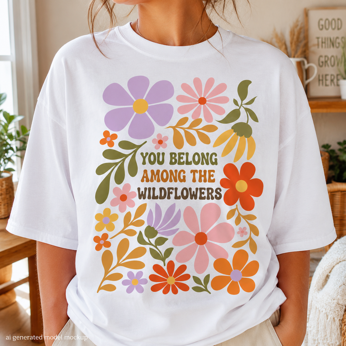 White t-shirt with a colorful wildflower design and text "YOU BELONG AMONG THE WILDFLOWERS."