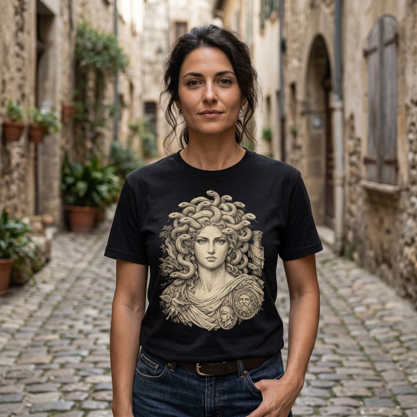 Woman wearing black t-shirt with Medusa graphic standing on cobblestone street.