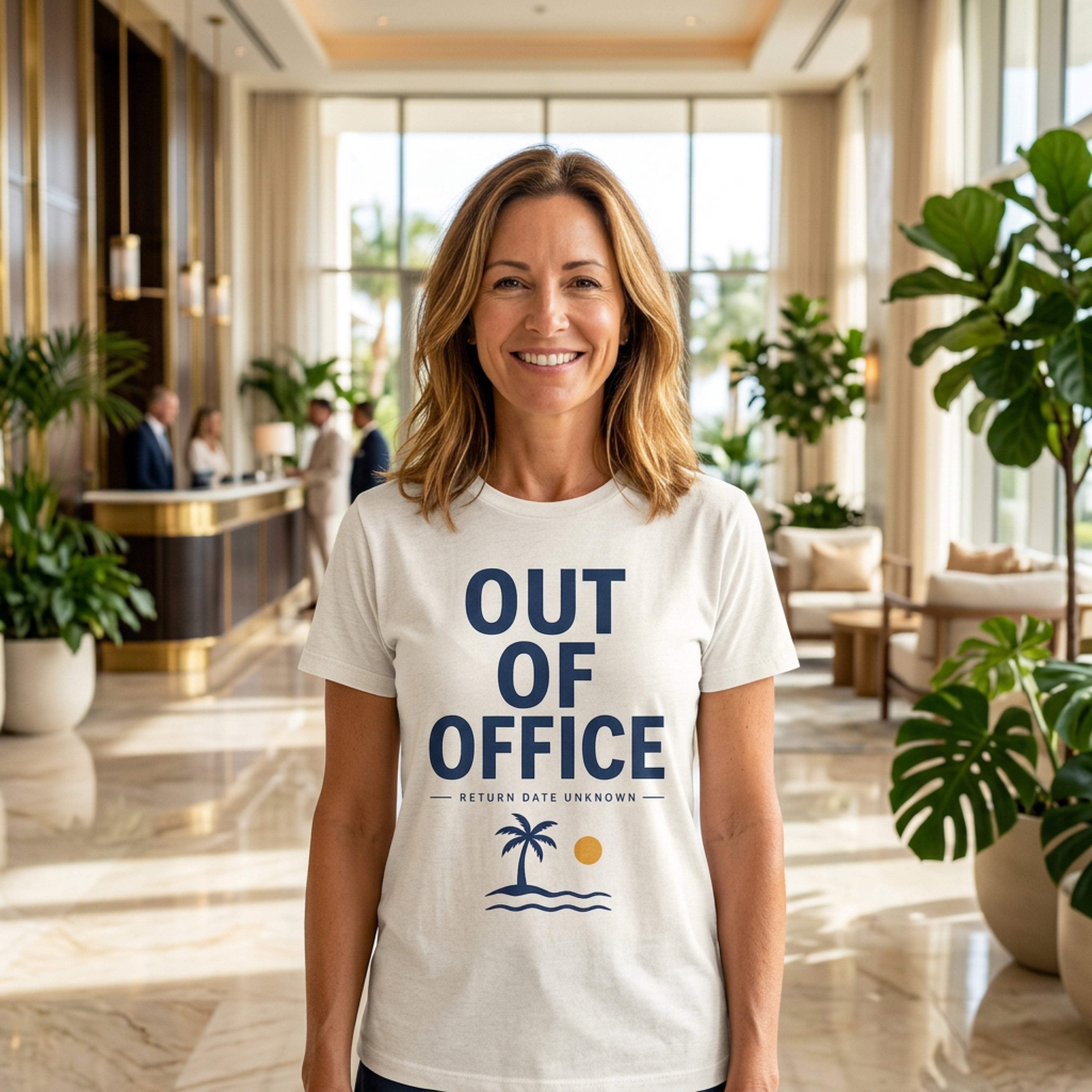 Woman wearing "OUT OF OFFICE - RETURN DATE UNKNOWN" t-shirt with palm tree logo.