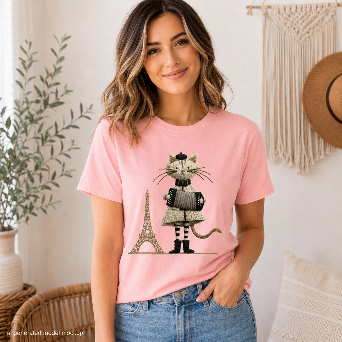 Pink t-shirt with a cat playing accordion in front of the Eiffel Tower.