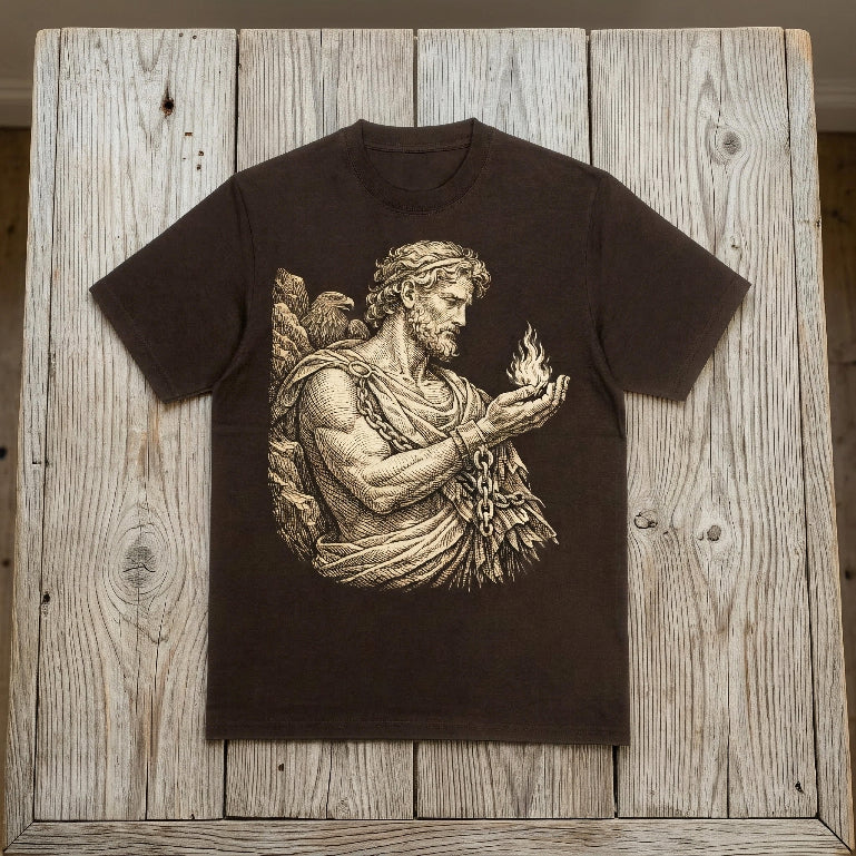 Brown t-shirt with Prometheus chained, holding a flame, on a wooden background.