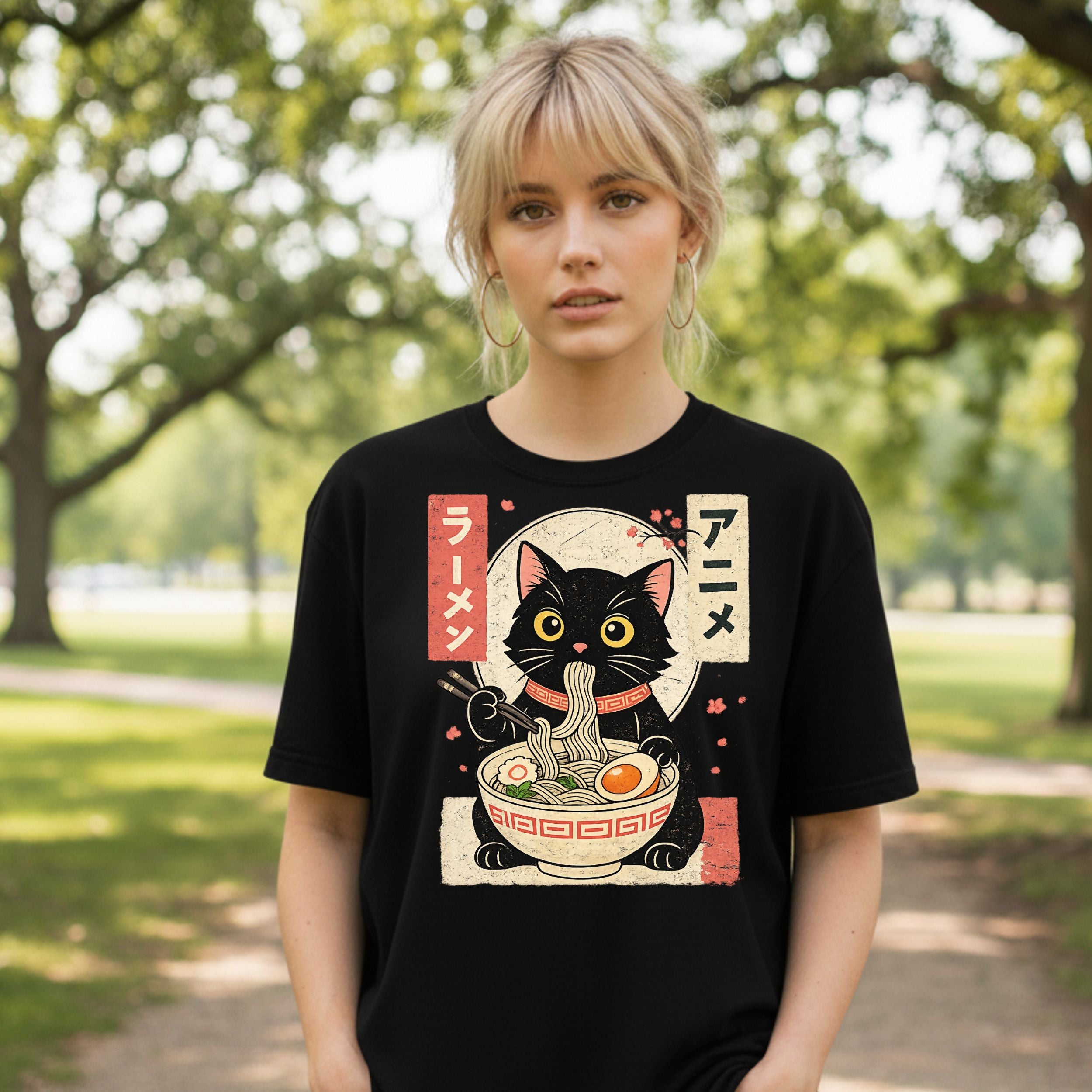 Cute Anime Cat Eating Ramen Noodles Graphic Shirt