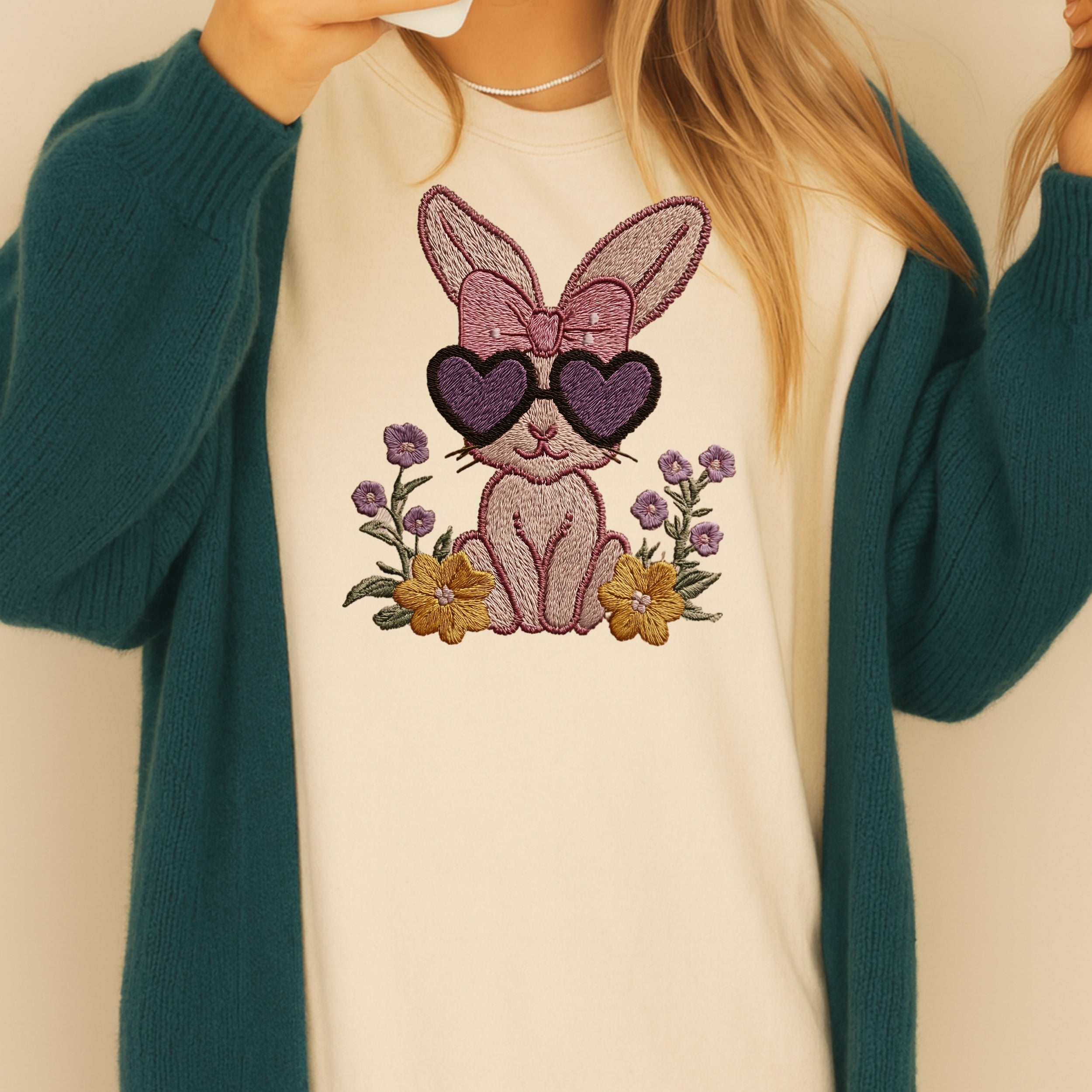 Adorable Bunny with Sunglasses and Flowers Sweater