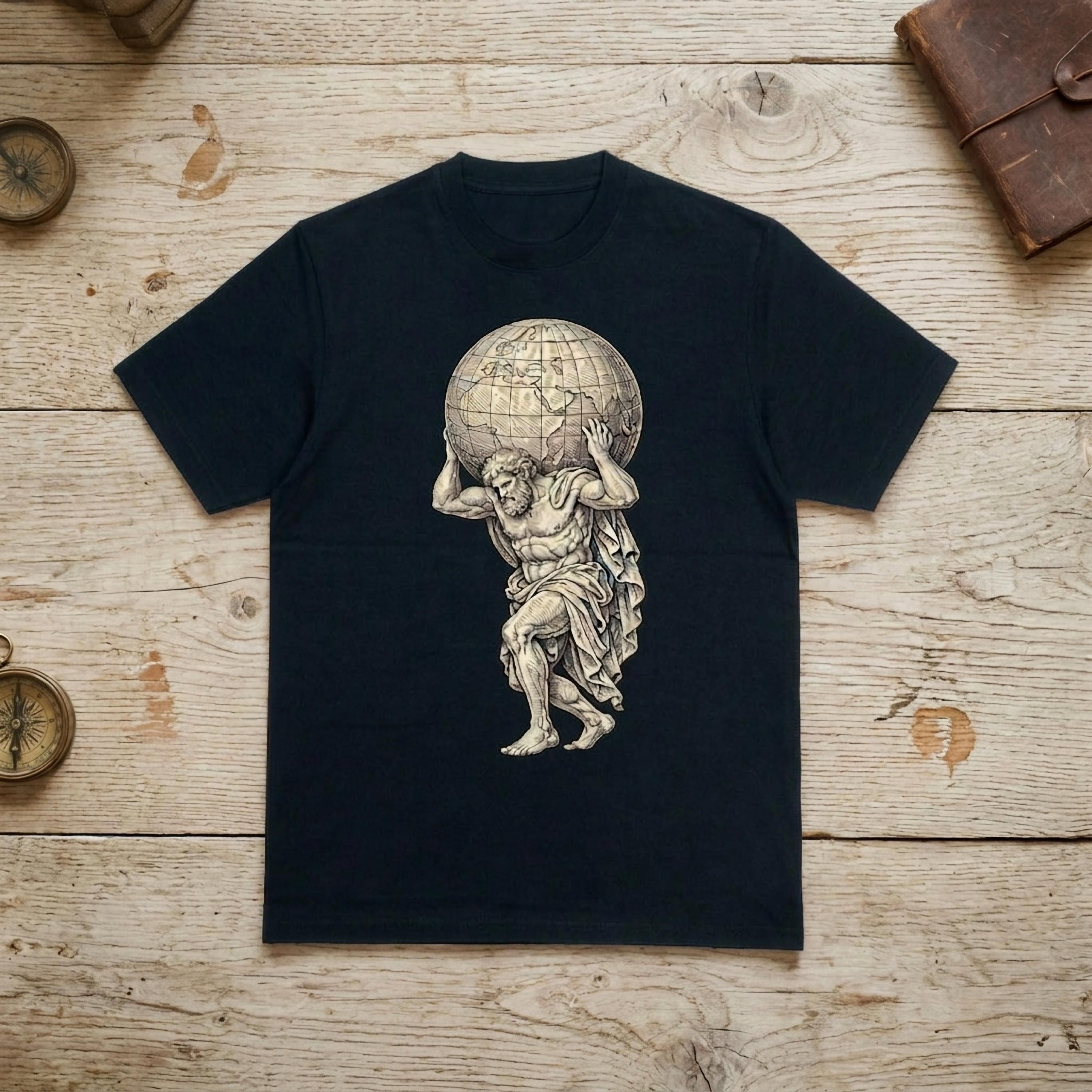 T-shirt with Atlas carrying the globe illustration.