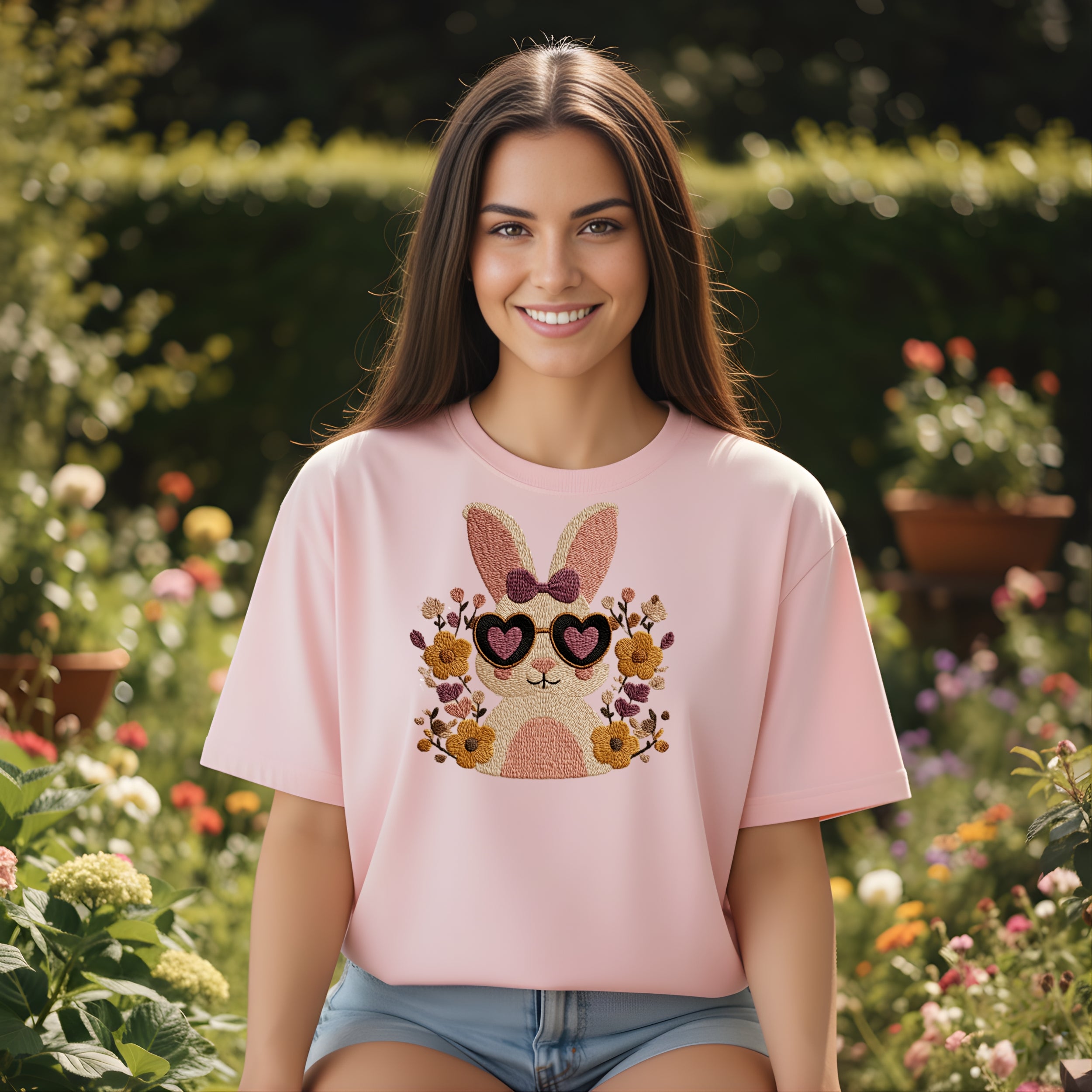 Cute Bunny with Floral Heart Sunglasses T-shirt