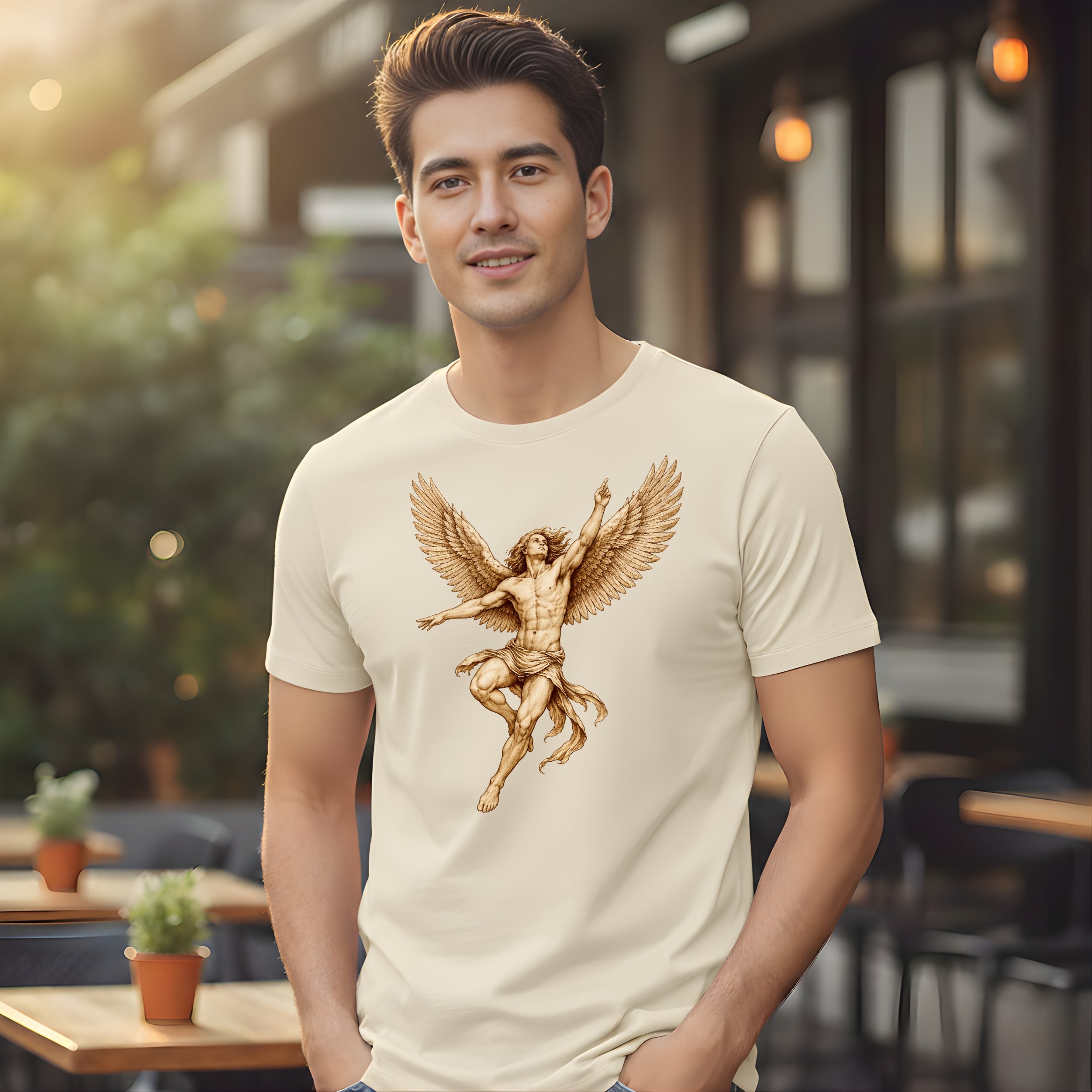 Angelic Winged Figure on Beige T-shirt Graphic Tee