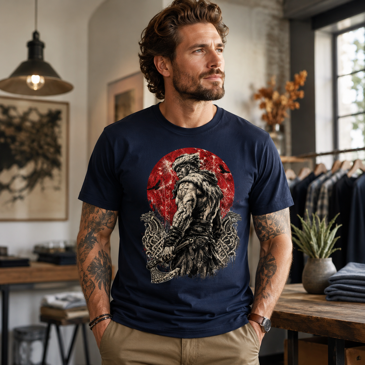 Man wearing navy t-shirt with Viking warrior graphic.