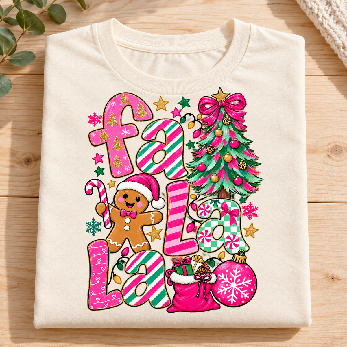 Cream t-shirt with "fa la la" text, gingerbread man, Christmas tree, and gifts.