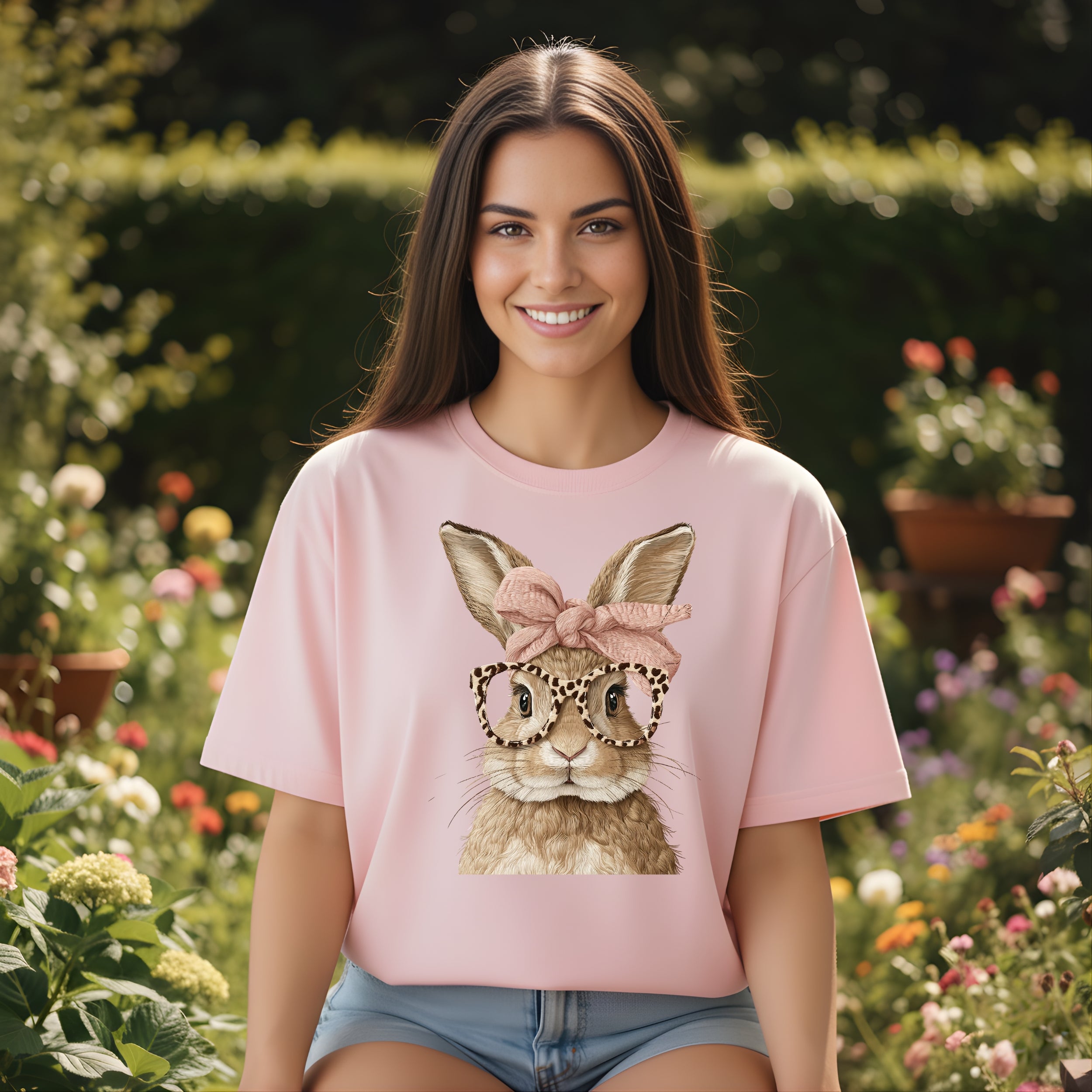 Cute Bunny with Glasses and Bow Graphic T-shirt