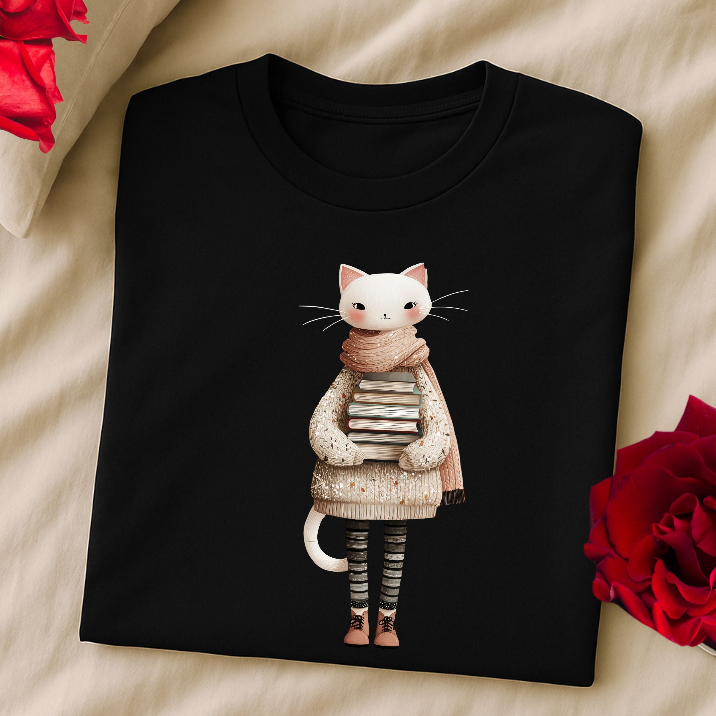 Cute Cat with Books Graphic Sweater Design Shirt