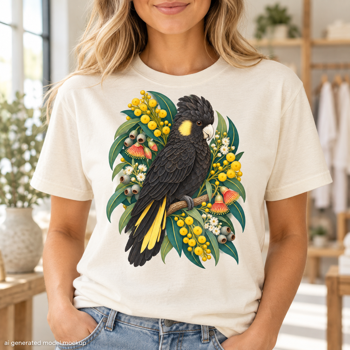 Black cockatoo perched on a branch with yellow wildflowers and eucalyptus leaves.