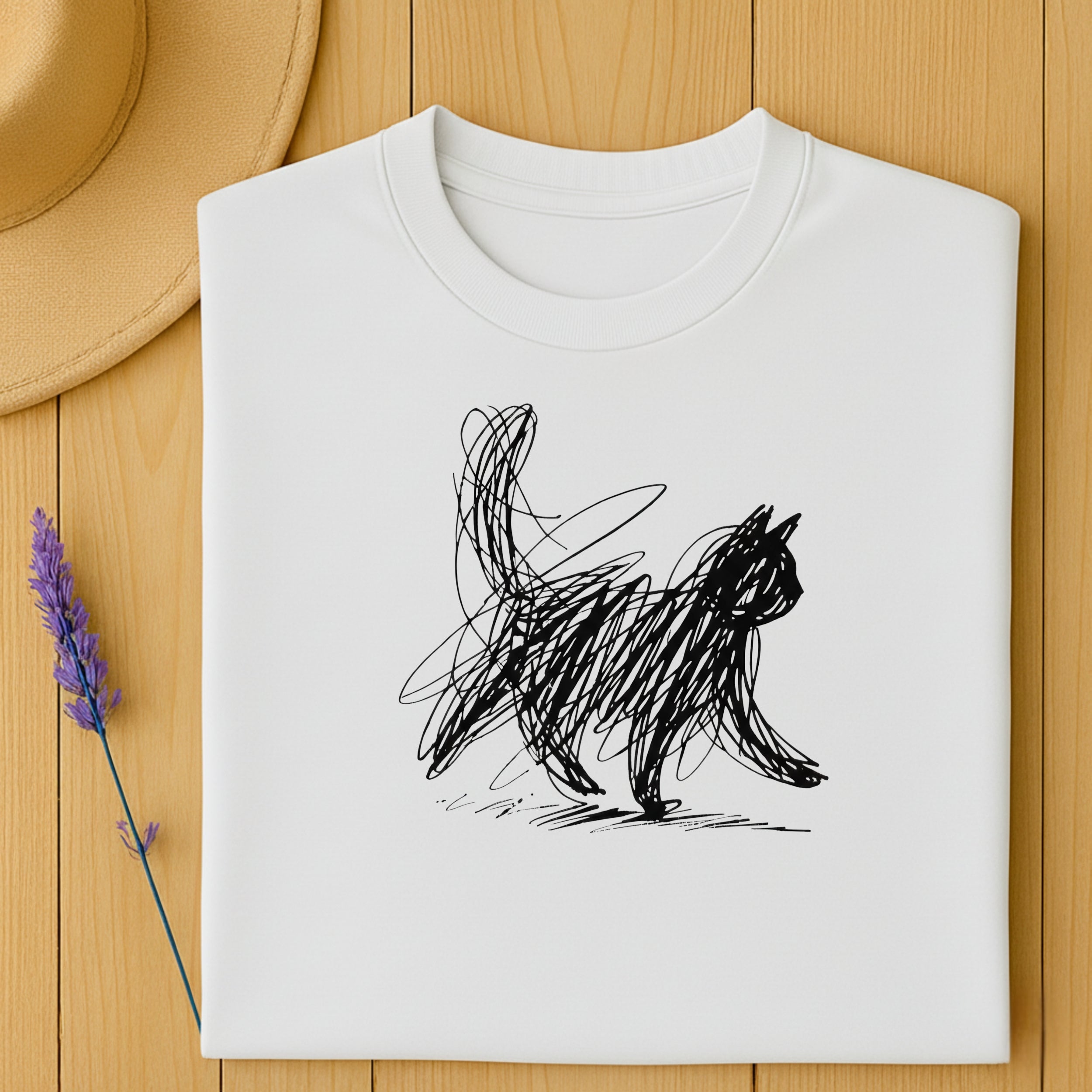 Artistic Black Cat Scribble Design T-Shirt