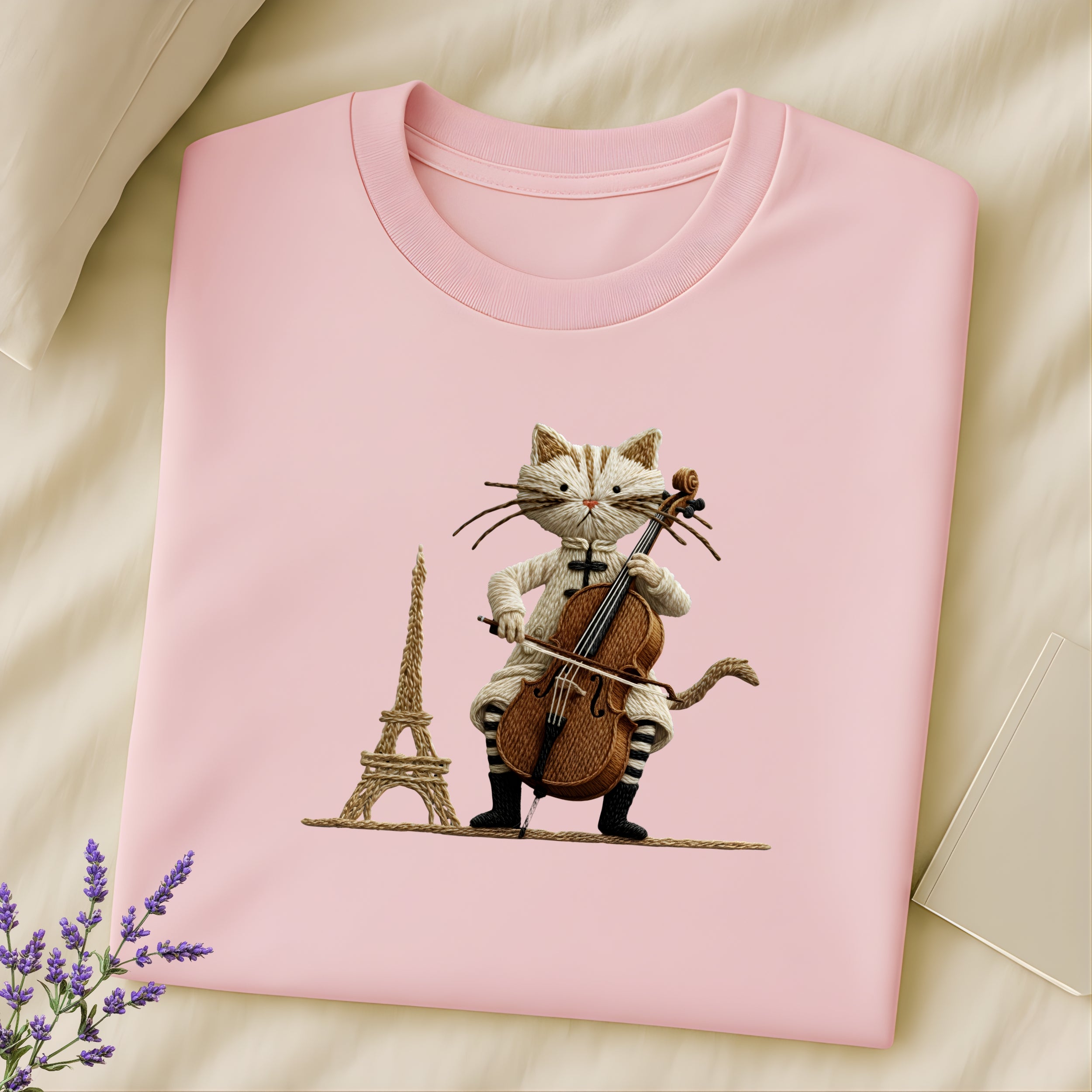 Cat Playing Cello with Eiffel Tower Pink Shirt