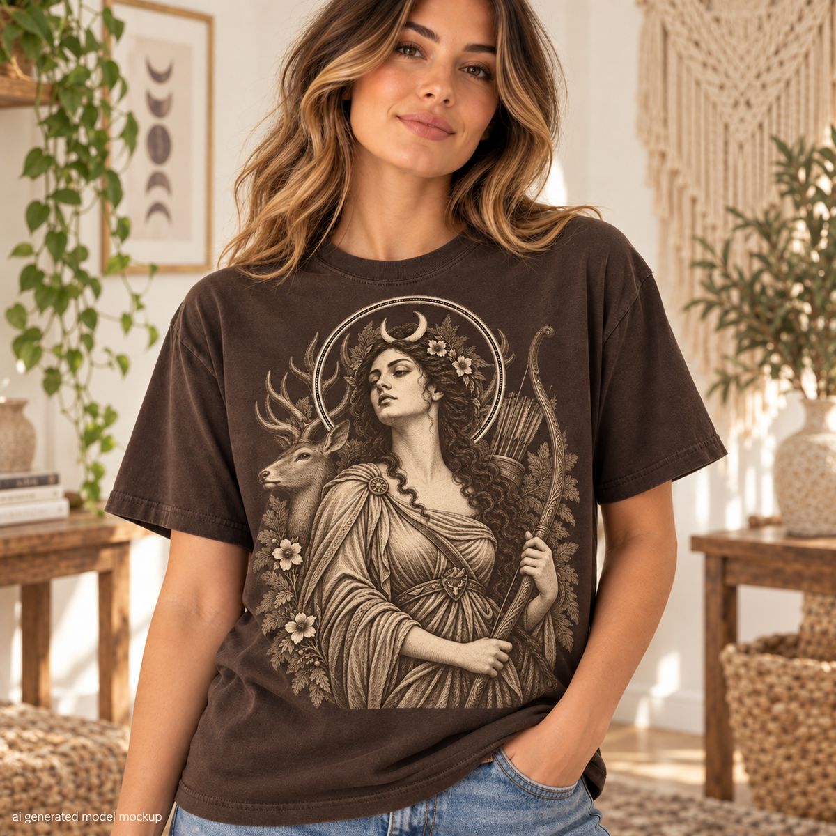Brown t-shirt with a graphic of a woman with a bow and a deer.