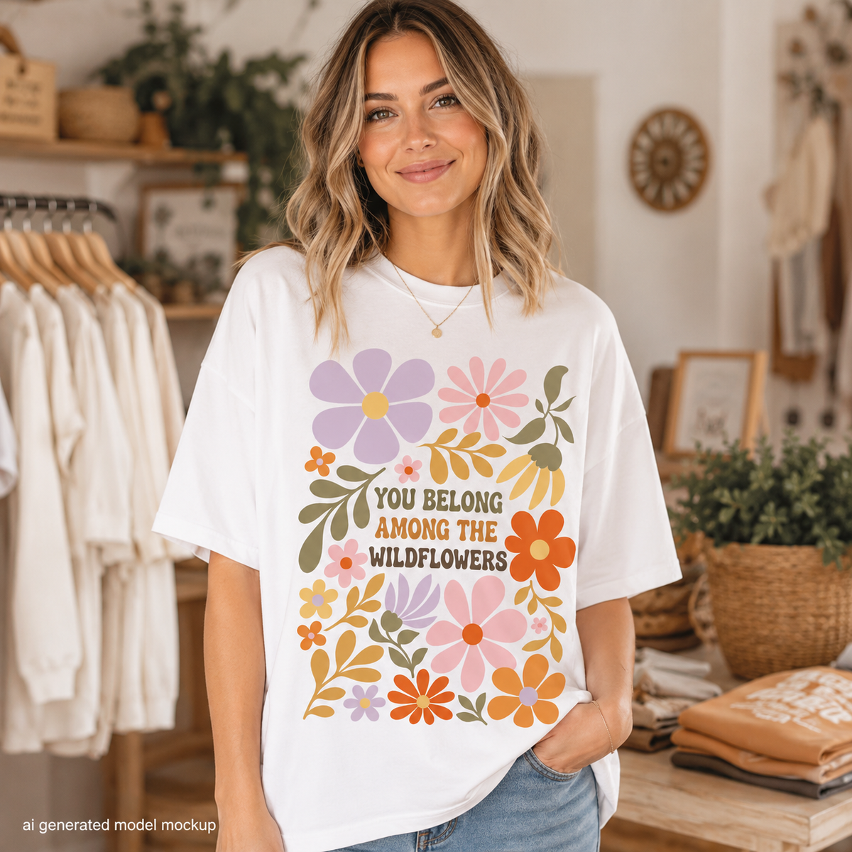 White t-shirt with floral graphic and text "You Belong Among the Wildflowers".