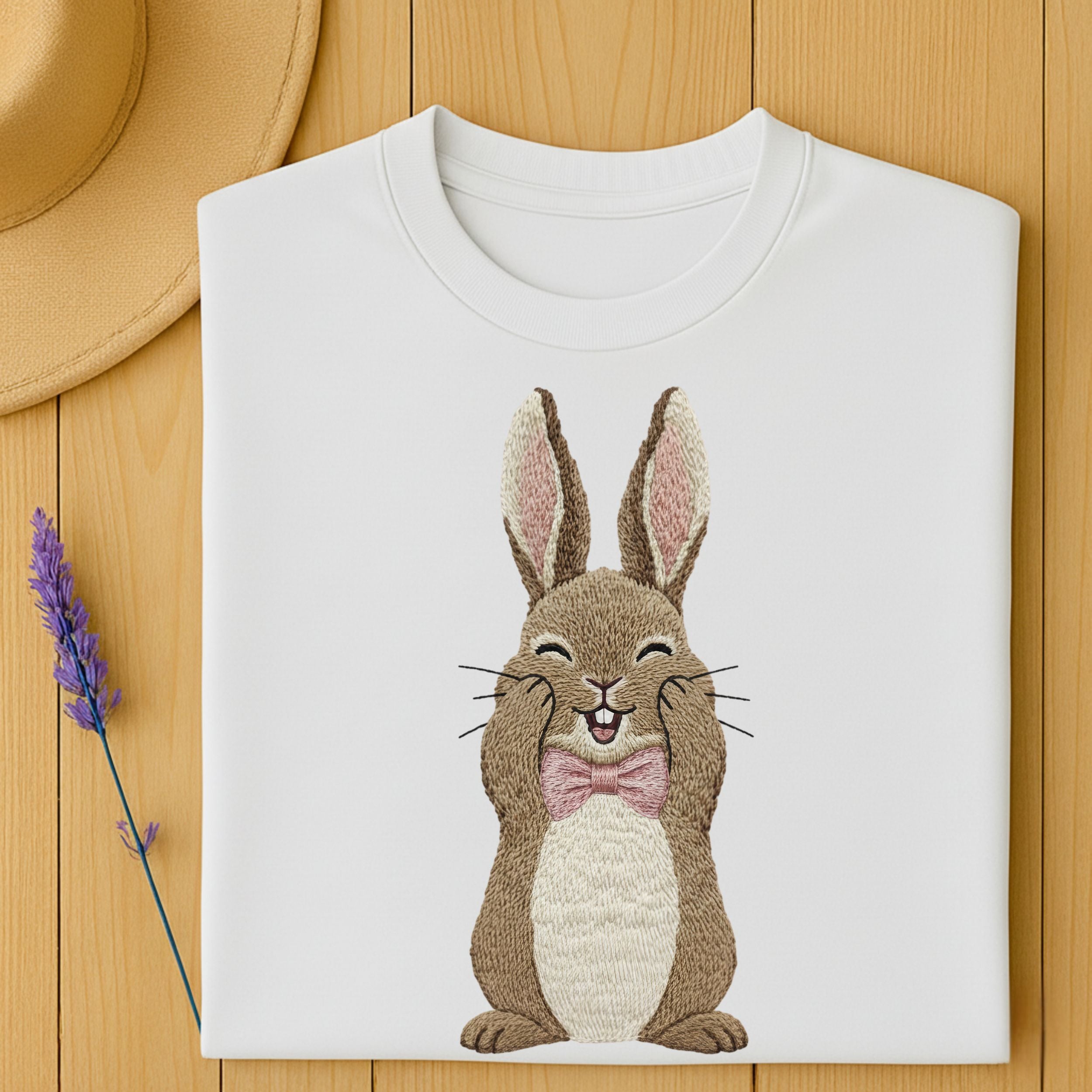 Happy Embroidered Smiling Bunny with Bow Tie Shirt