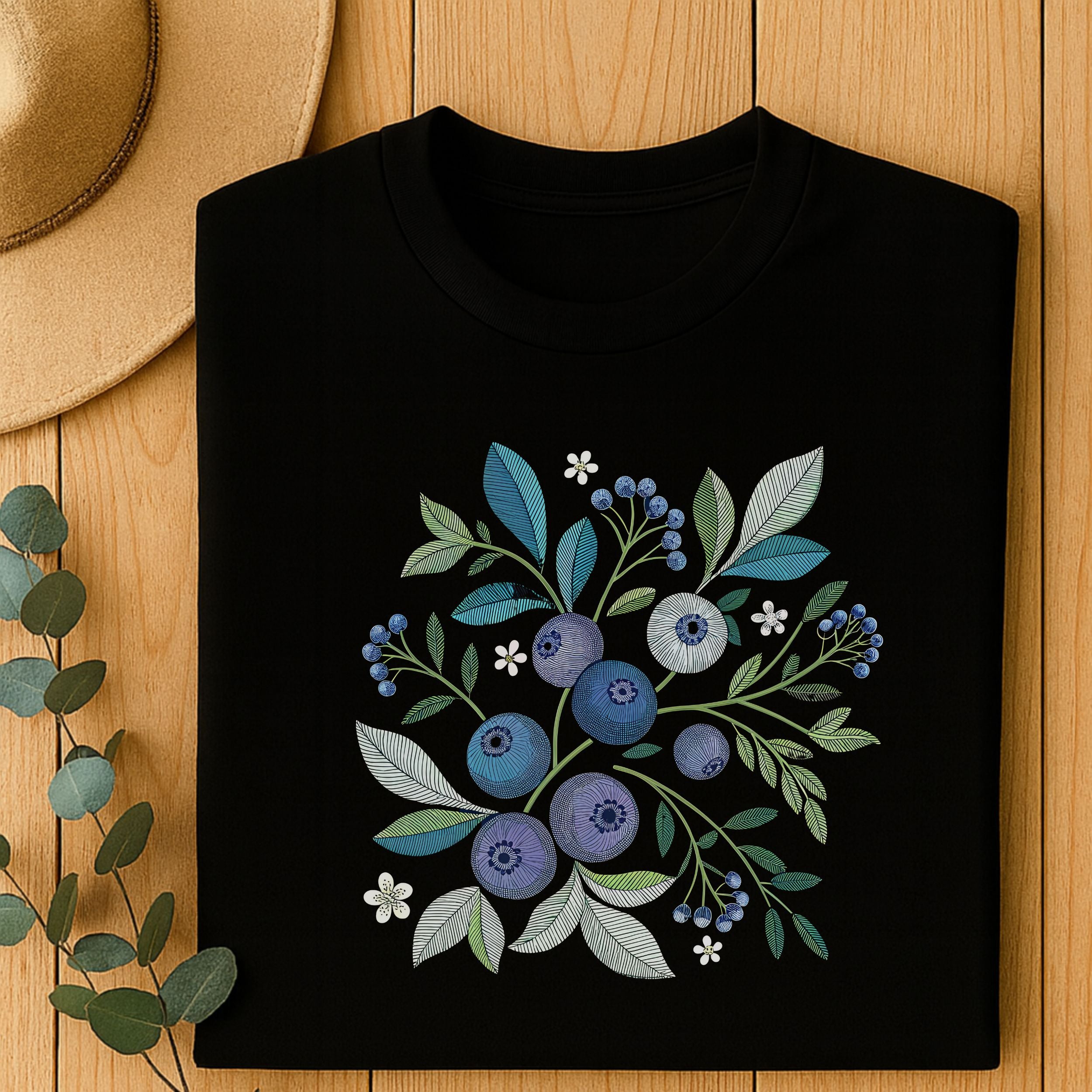 Blueberry and Foliage Print Graphic Tee Shirt