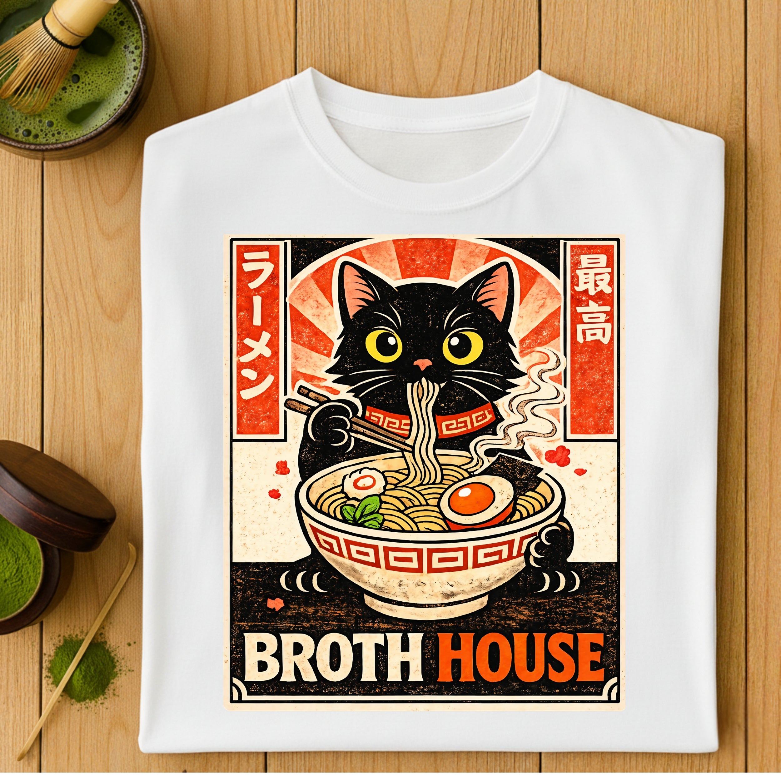 Cute Black Cat Eating Ramen Noodles Graphic Shirt