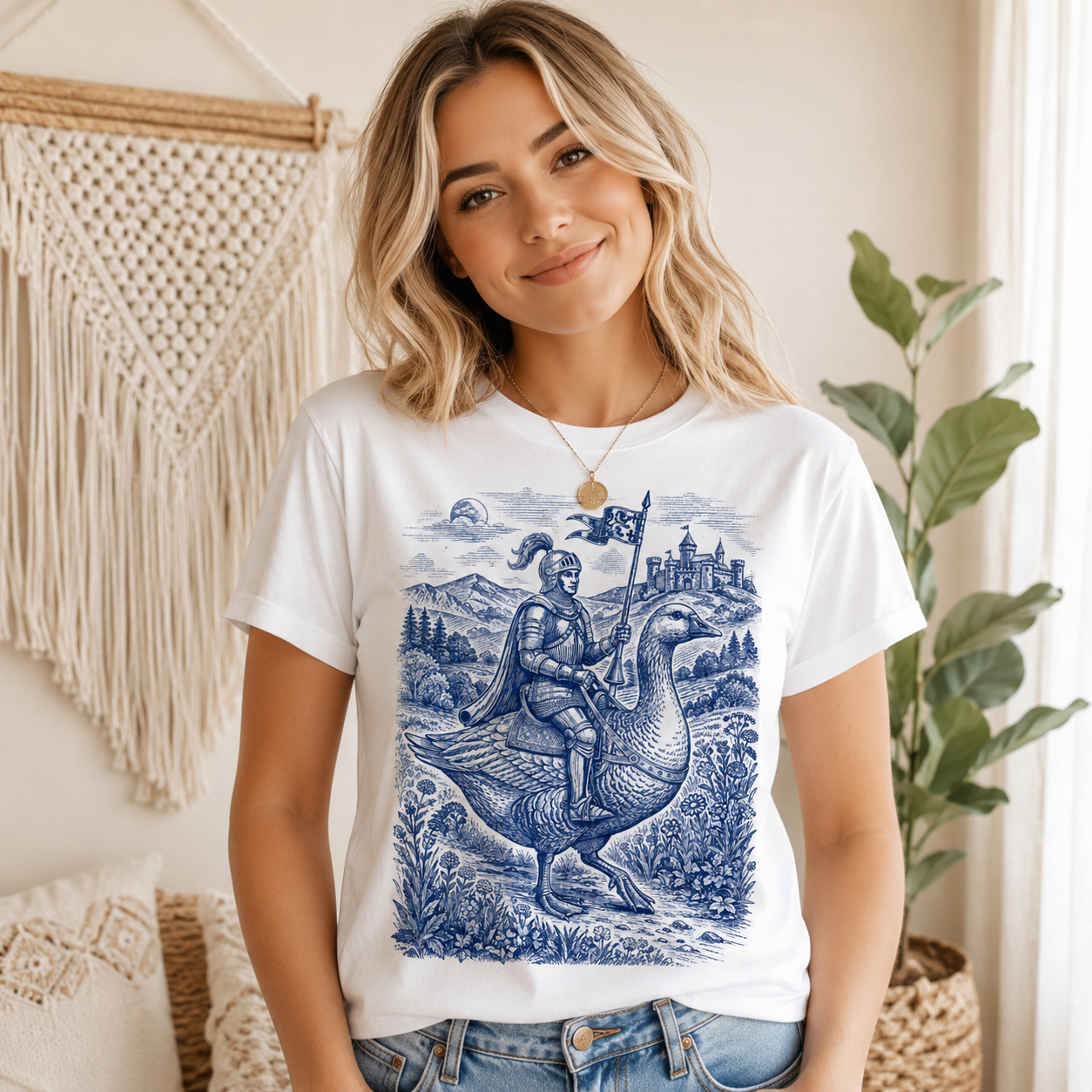 Knight on a goose with a castle in the background, blue and white illustration.