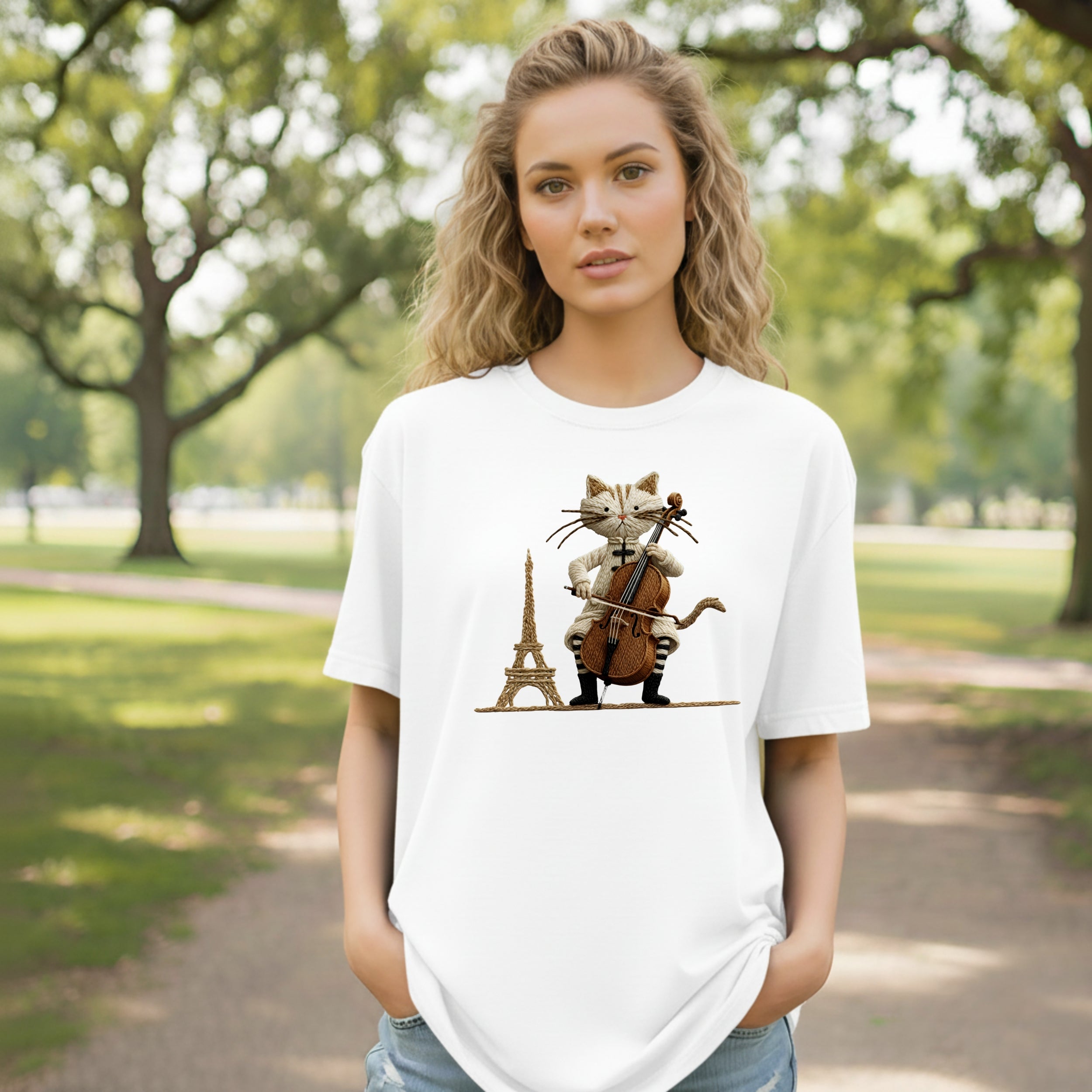 Cat Playing Cello Near Eiffel Tower Graphic T-shirt