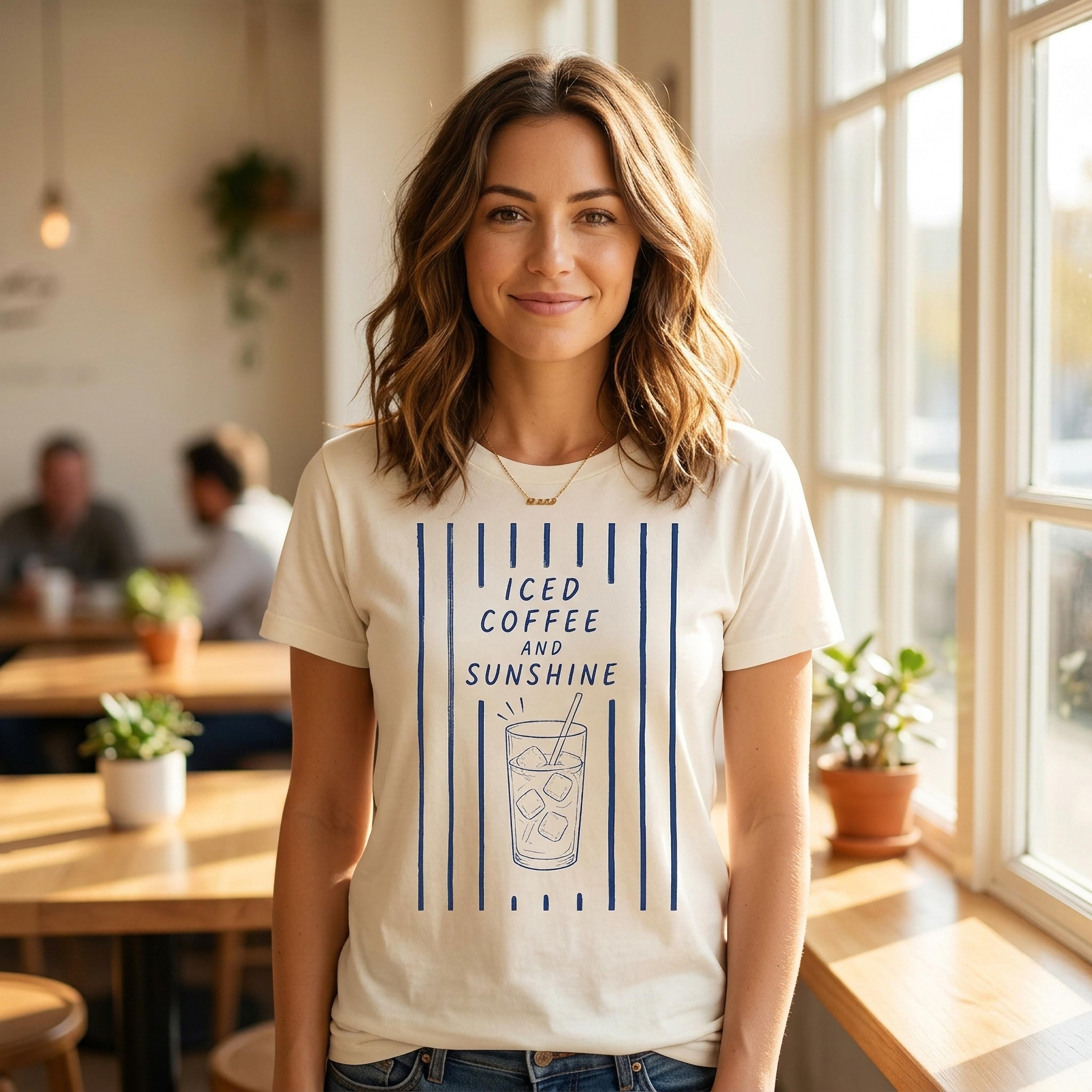 Cream t-shirt with "Iced Coffee and Sunshine" text and ice cube graphic.