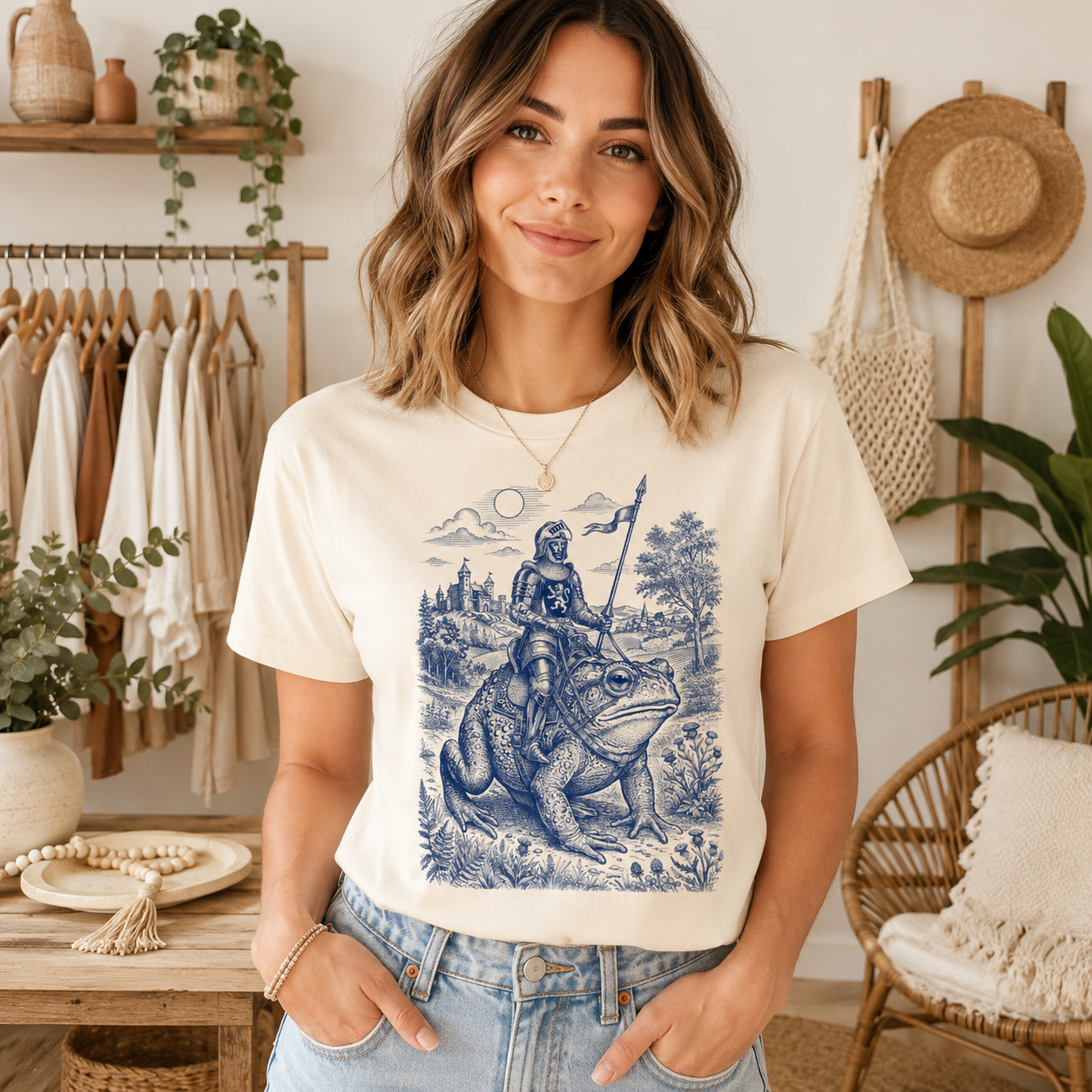 Knight on a toad under a moon, with trees and a castle in the background.