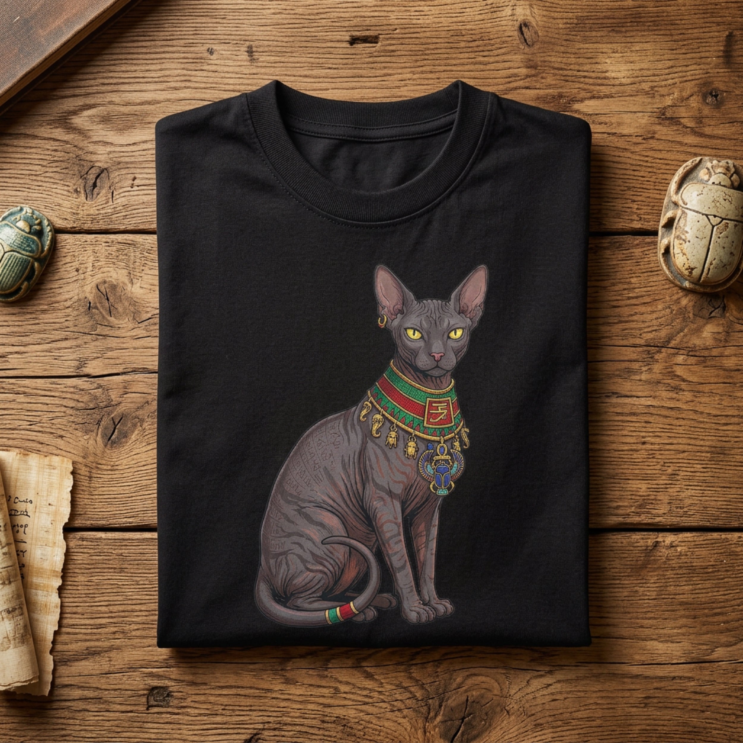 Black t-shirt with Egyptian Sphinx cat wearing ornate collar.