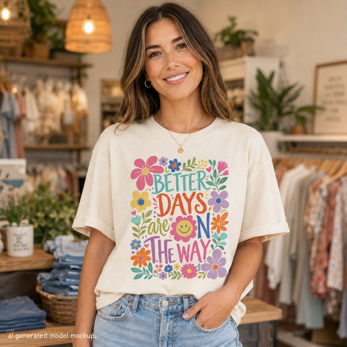 Cream t-shirt with colorful "Better Days Are On The Way" floral graphic.