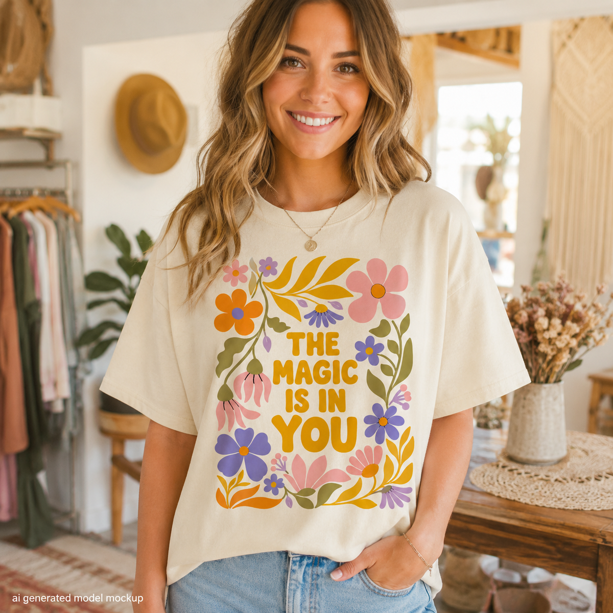 Cream t-shirt with floral design and text "The Magic Is In You".