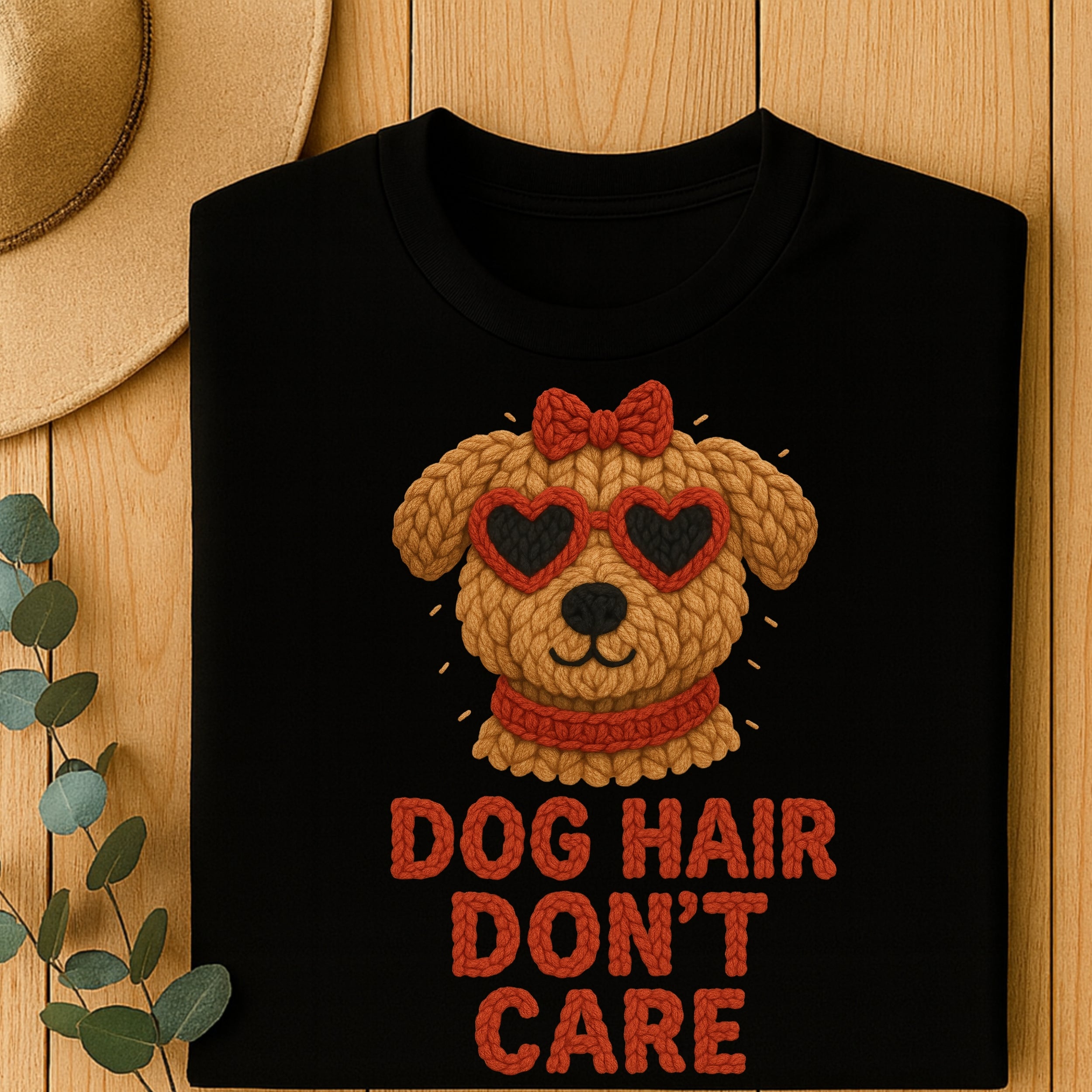 Black t-shirt with a cartoon dog wearing heart sunglasses and a scarf, saying "Dog Hair Don't Care."