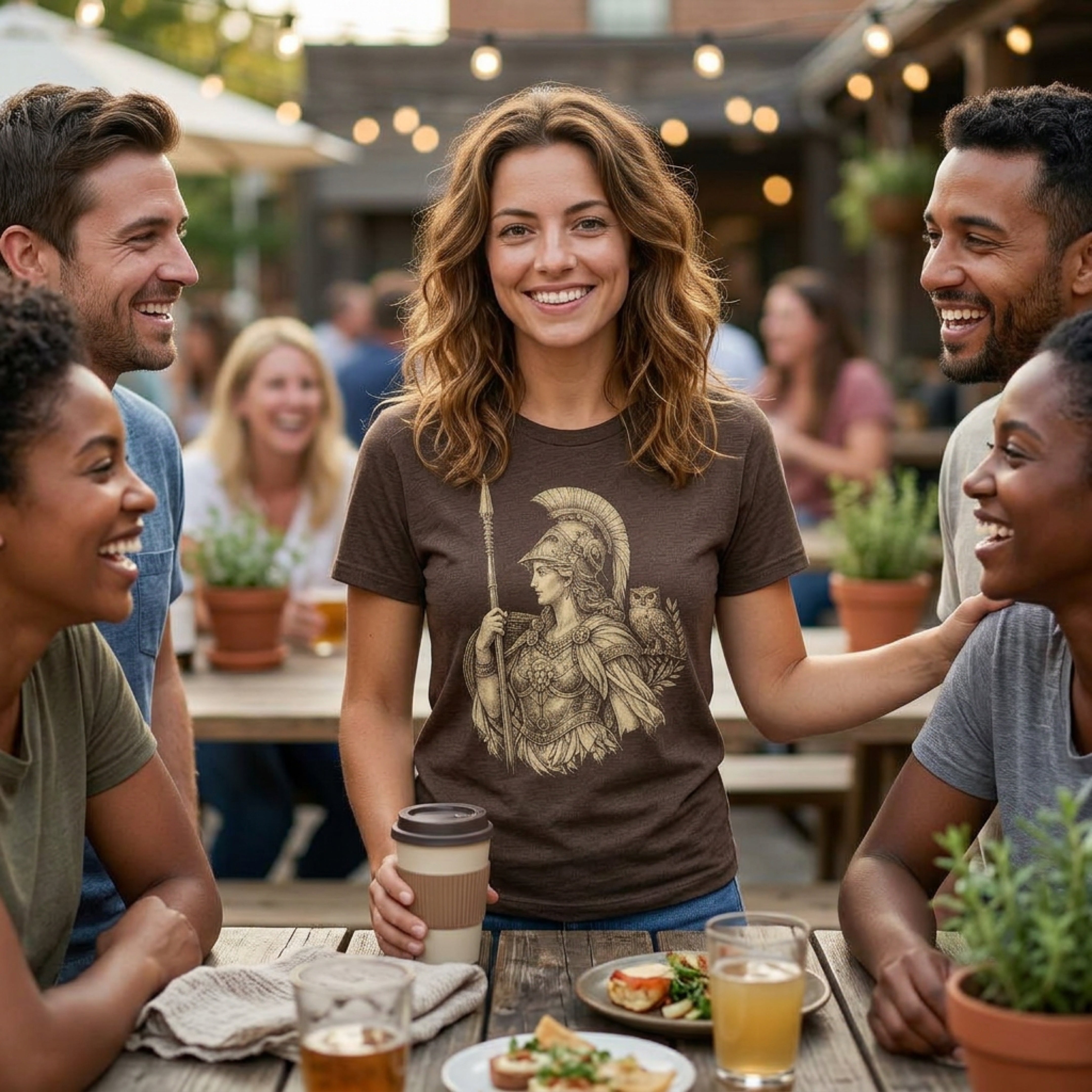 Woman in Greek warrior t-shirt smiles, surrounded by friends at outdoor cafe.